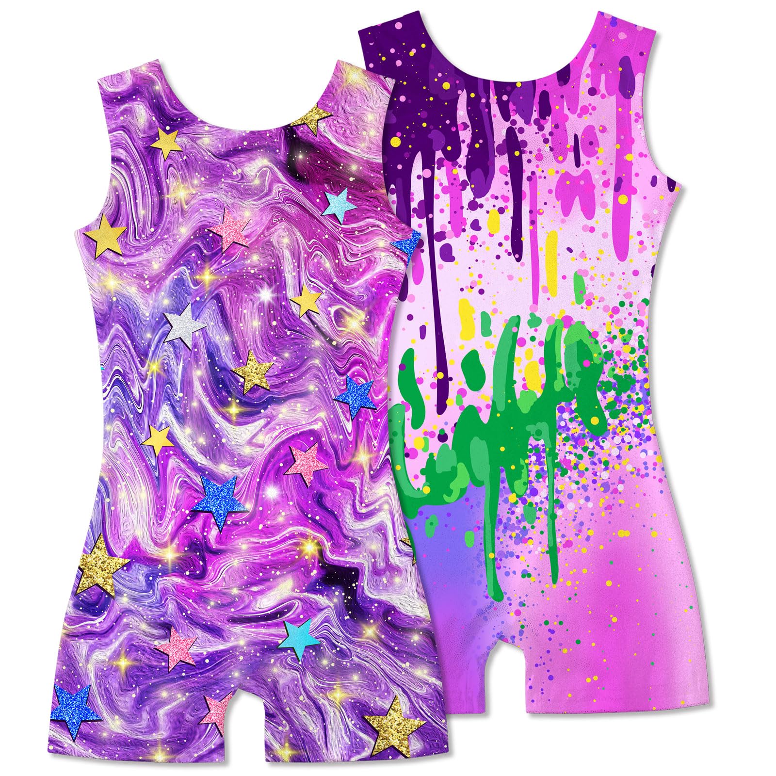 2 Packs Gymnastics Leotards for Girls Mermaid Leopard Dance Leotard Kids Biketard with Shorts