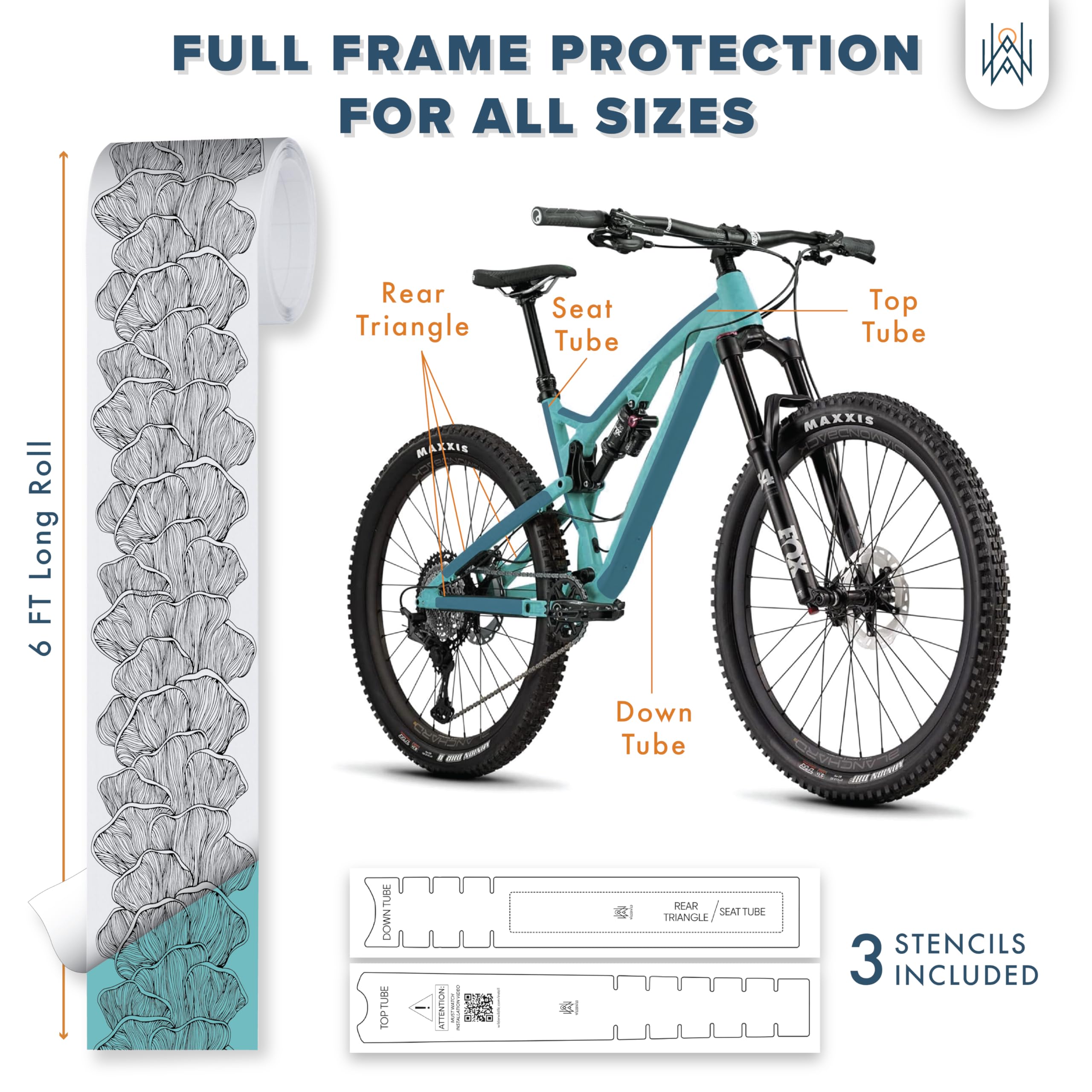 Bike Frame Protection Tape- High Impact Clear Vinyl Wrap Includes Tool (4”x72) Bicycle Frame Protector, Mountain Bike Frame Guard Chainstay Protector (Art Deco)