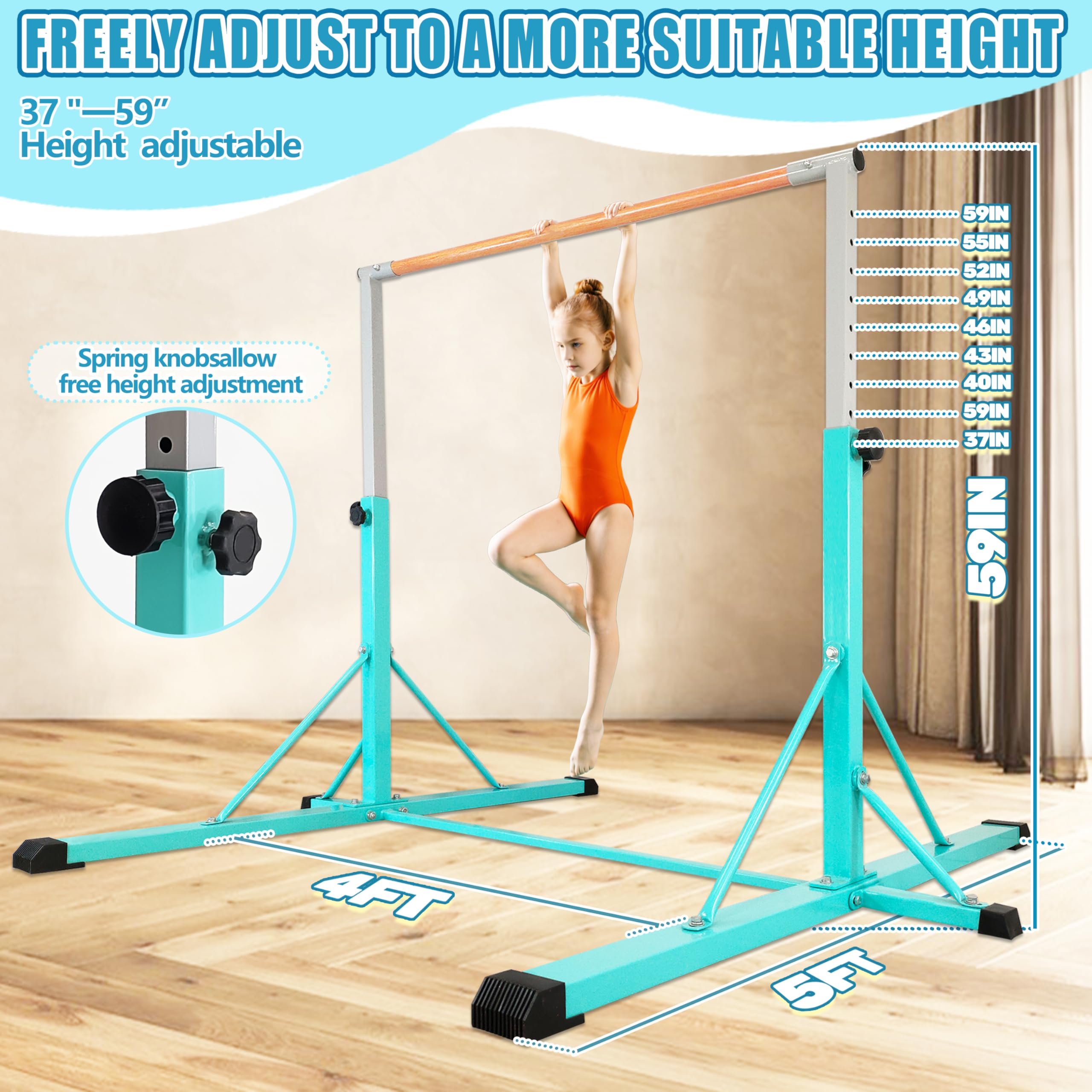 FC FUNCHEER Gymnastics Bar for Kids Ages 3-15, 35" to 60" Adjustable Height, 4FT Wide Base - Professional Kip Bar with 360° Stability & Fiberglass Crossbar, Easy Fold&Solid Design for Home Training