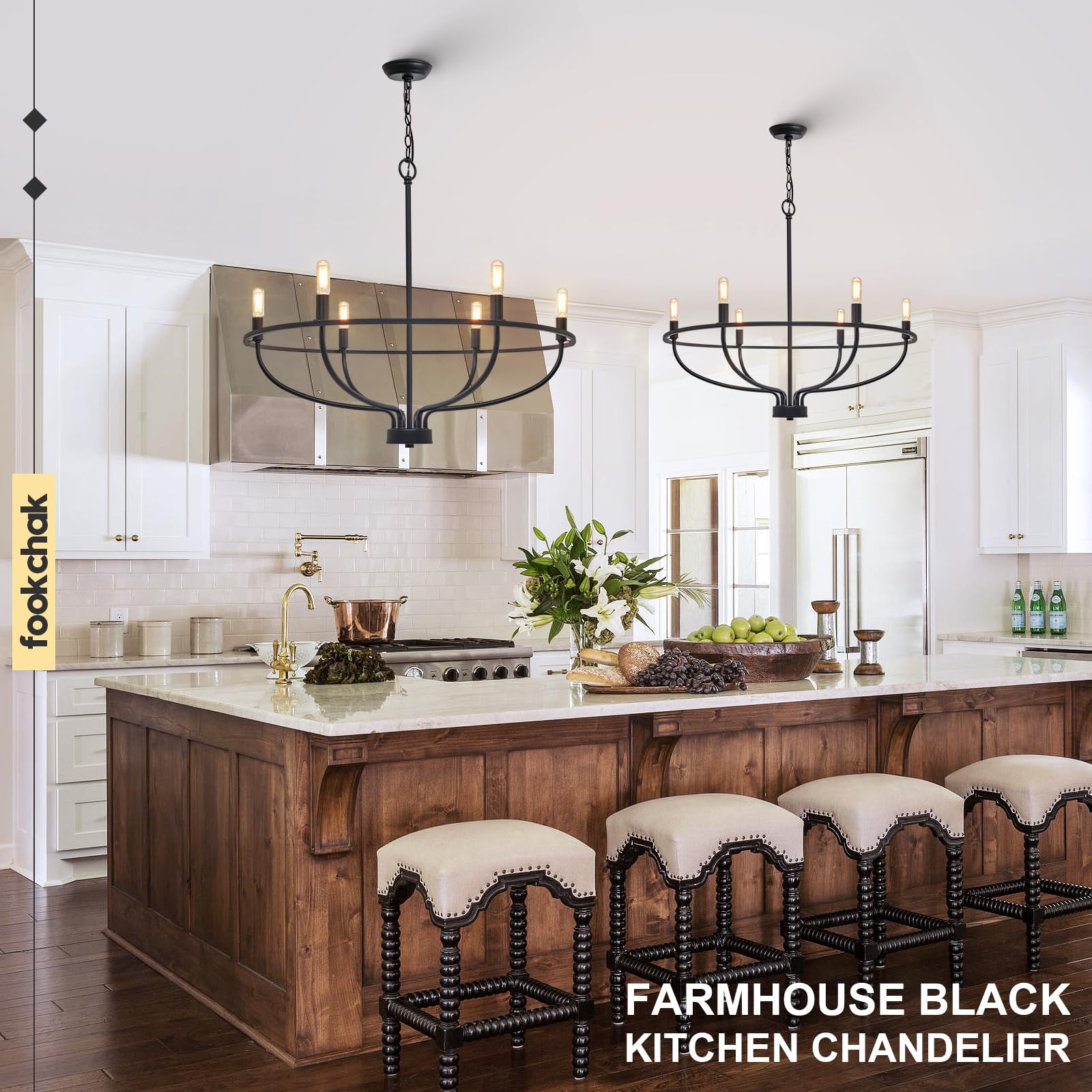 Black Chandelier 6-Light Dining Room Chandelier Kitchen Chandeliers Over Table Round Living Room Chandelier Light Fixture for Bedroom, Kitchen, Foyer