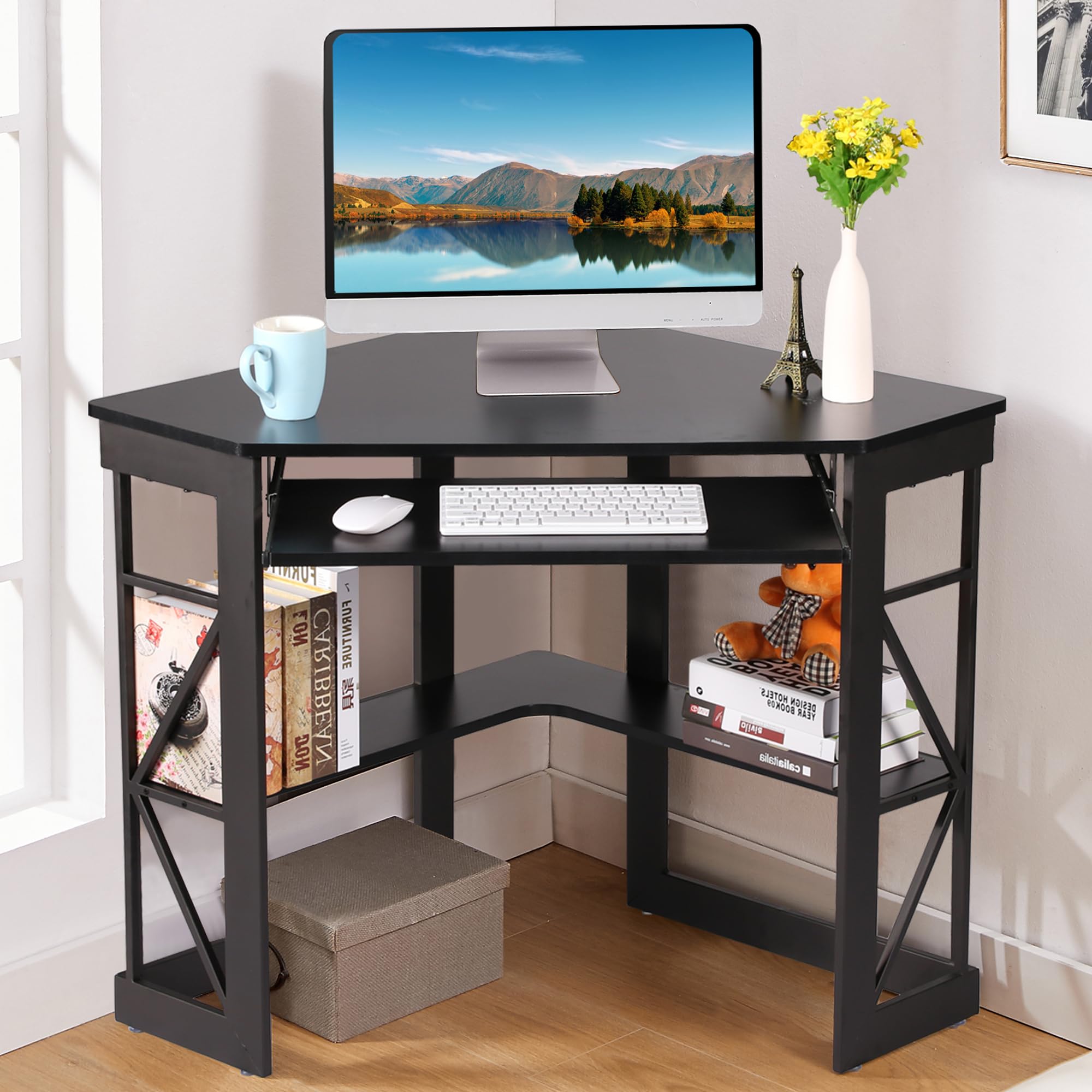VECELO Corner Desk Computer Desk Writing Table with Smooth Keyboard Tray & Storage Shelves,Compact Home Office Triangle Table,Antique Brown