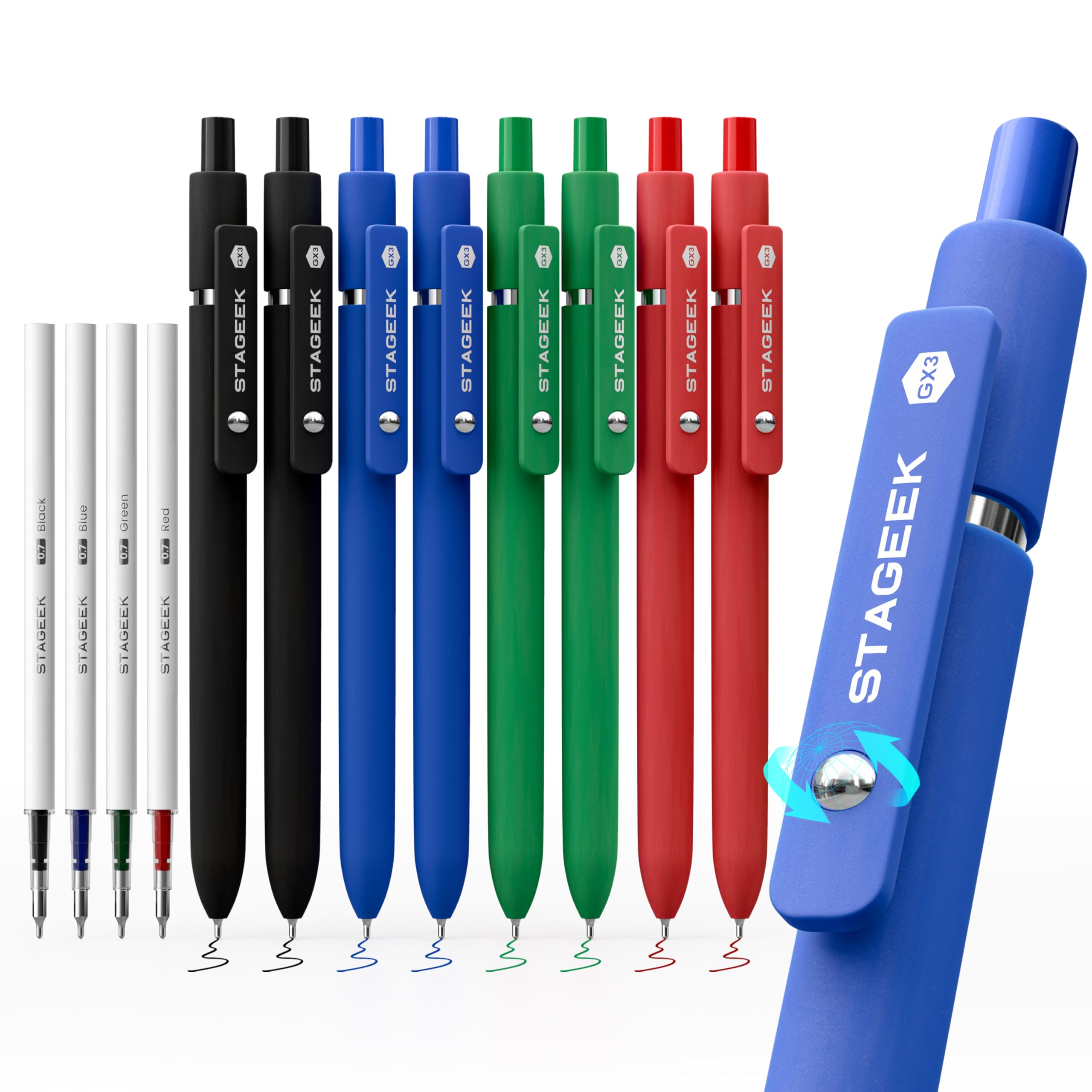 STAGEEK Blue Gel Pens GX3, 12Pcs Quick Dry Blue Ink Pens with 3 Extra Refills, Fine Point Retractable Smooth Writing Pens for Journaling, Office, Note Taking, School Supplies, Nurse Aesthetic(Blue)