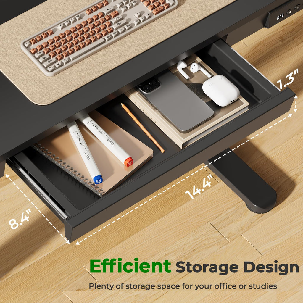 Glass Electric Standing Desk with Drawer, 35" x 20" Whole Piece Tabletop Samll Sit Stand Table, Height Adjustable Workstation with Storage & USB Ports, Quick Install Home Office Desk
