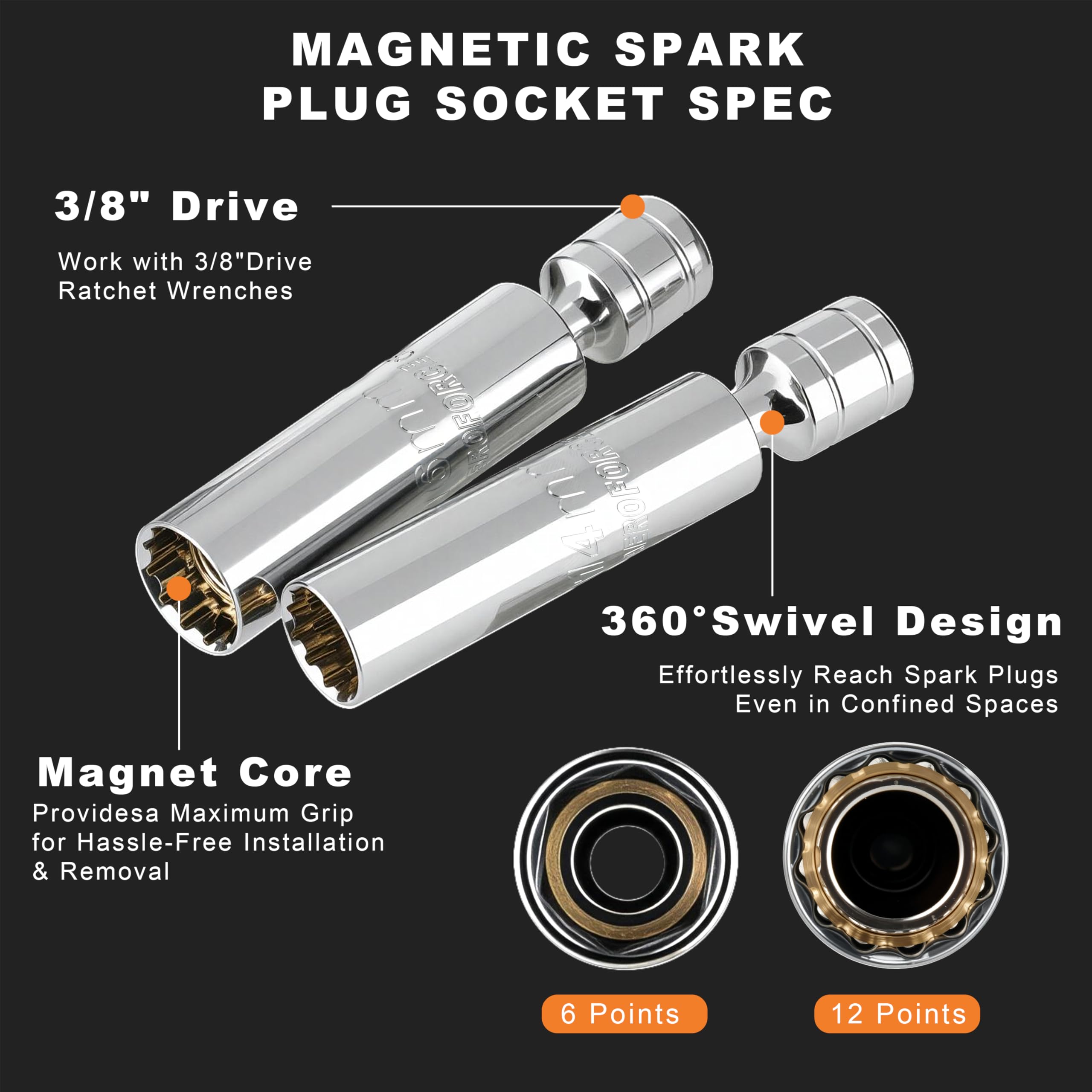 AEROFORCE 3/8-Inch Drive Spark Plug Socket Set 8PCS - Includes 6 Point Sockets 5/8-inch, 3/4-inch and 13/16-inch, 12 Point Sockets 14mm&18mm, 2 Extension Bars,Universal Joint
