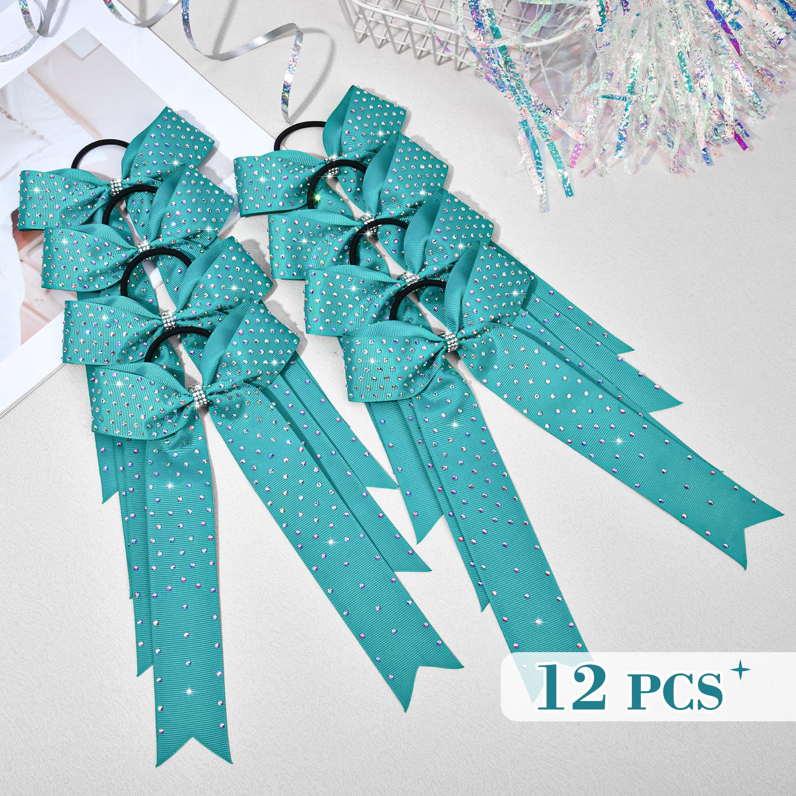 DEEKA 12 Count Collegiate Style Cheer Bows, Forest Green with Rhinestones, Handmade Bows for Girls Teens Cheerleader Sports