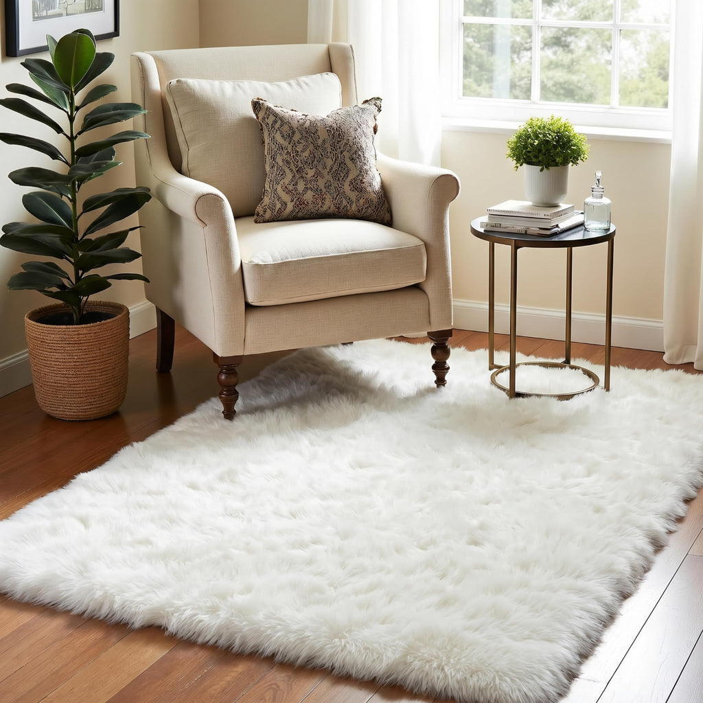 LOCHAS Soft Fluffy Faux Fur Rugs for Bedroom Bedside Rug 2x3 Feet, Washable, Furry Sheepskin Area Rug for Living Room Girls Room, Luxury Shag Carpet Home Decor, Beige