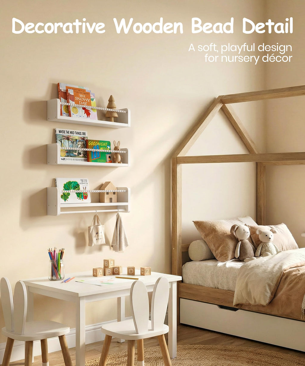 Nursery Book Shelves for Wall Set of 3, Natural Wood Bookshelves Wall Decor, Small Floating Shelf Organizer for Kids Room, Bedroom, Kitchen Spice Rack