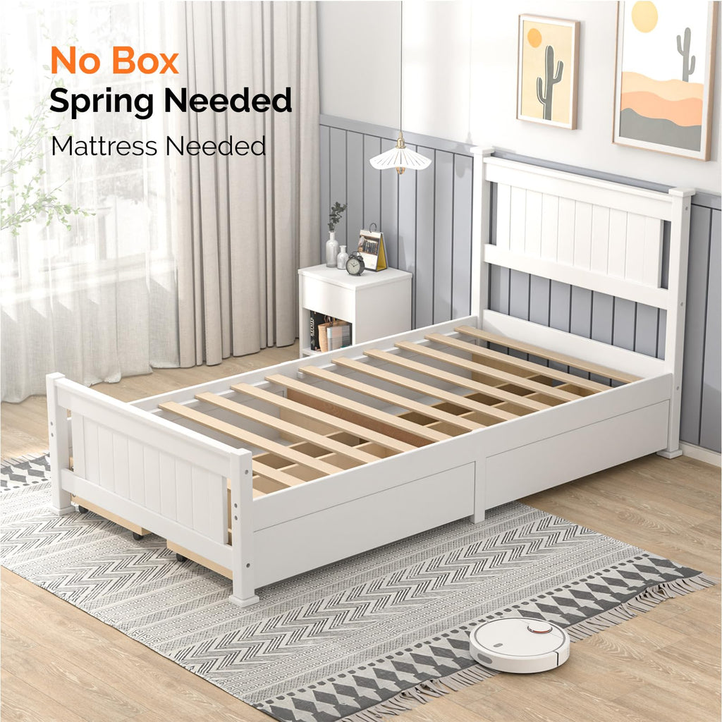 Bonnlo Twin Size Solid Wood Platform Bed Frame, Single Bed with Headboard, No Box Spring Needed Panel Bed, Wood Slat Support Mattress Foundation, White
