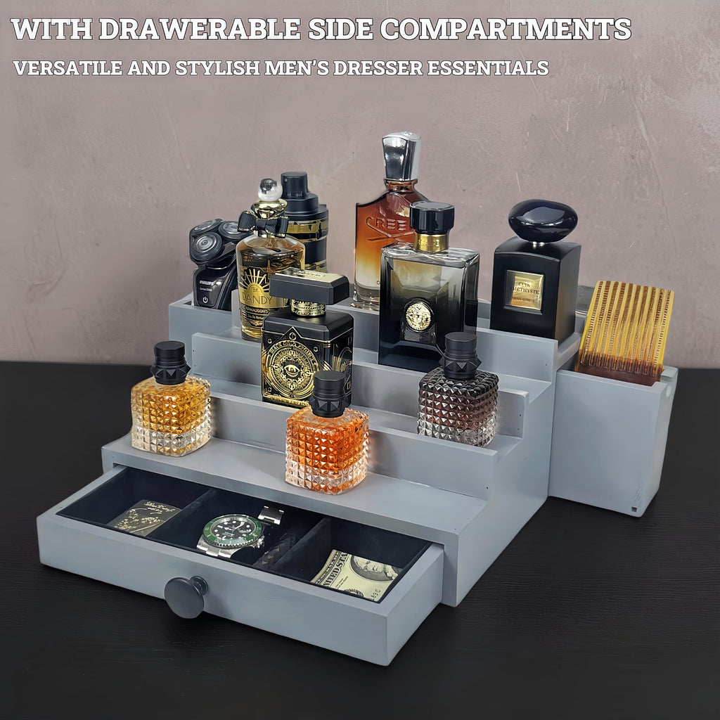 Wooden Cologne Organizer for Men 3 Tier | Black Perfume Holder Shelf for Dresser | High Grade Velvet Lining and Stylish Gift Box | Uncluttered Design Perfume Display Stand
