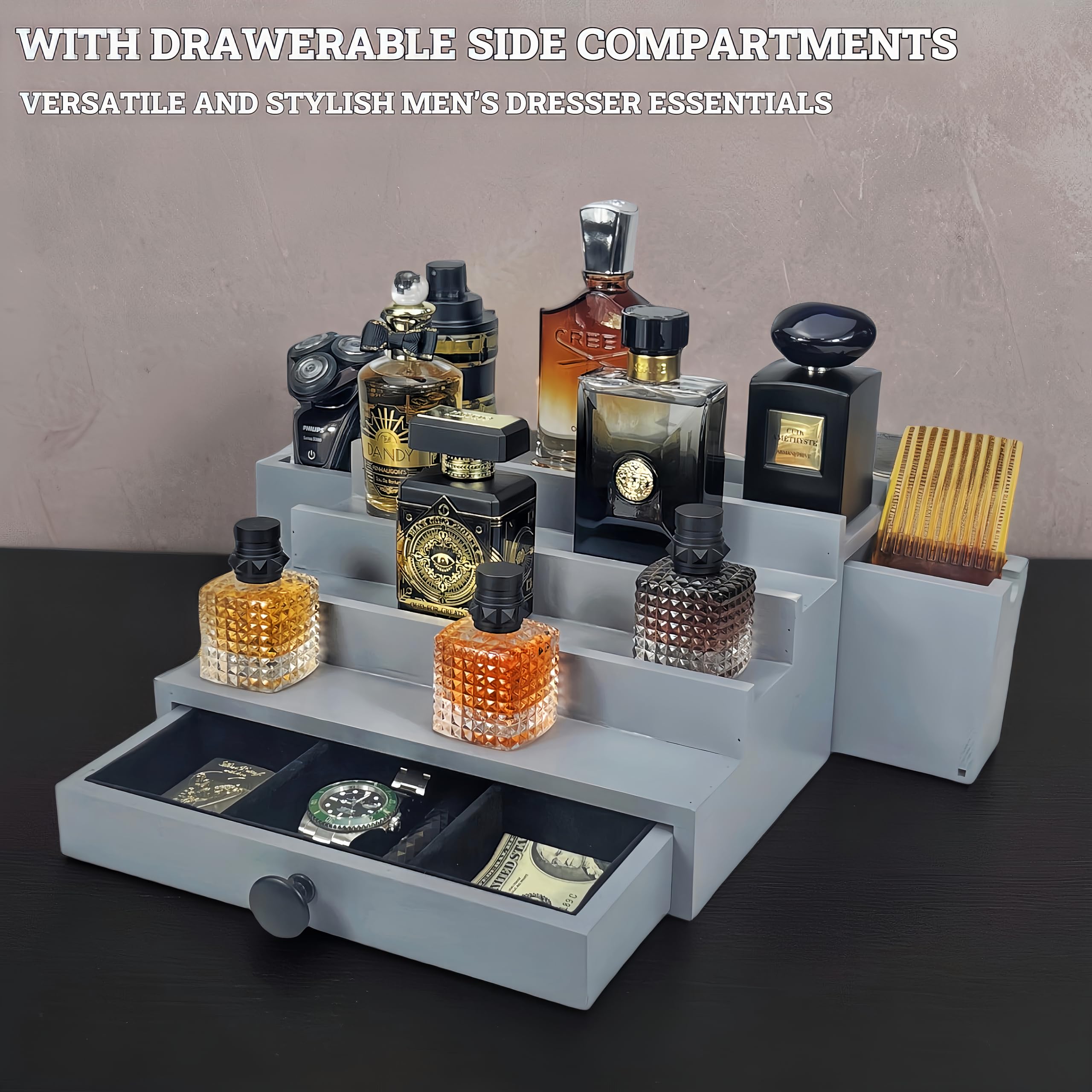Wooden Cologne Organizer for Men 3 Tier | Black Perfume Holder Shelf for Dresser | High Grade Velvet Lining and Stylish Gift Box | Uncluttered Design Perfume Display Stand