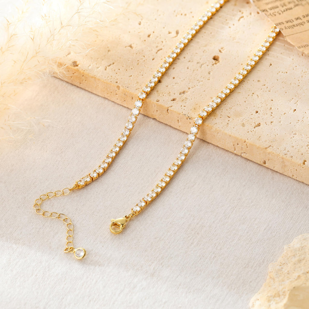 Robaice Tennis Necklace for Women, 14K Gold/Silver Plated Rhinestone Choker Necklace for Women, Dainty Cubic Zirconia Cut Faux Diamond Chain