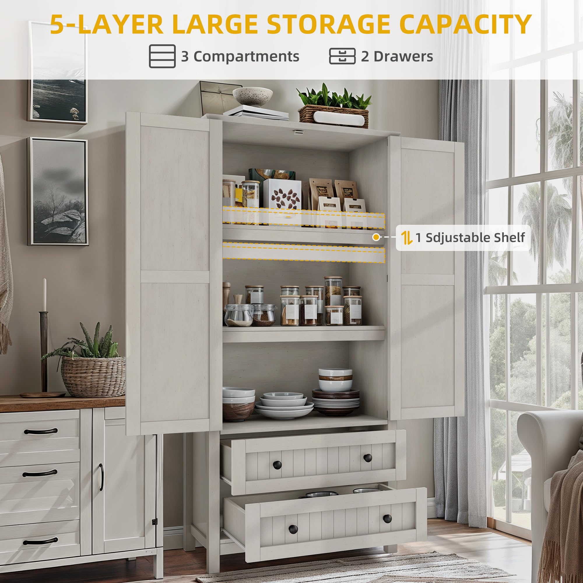 DWVO Farmhouse Kitchen Pantry Cabinet, 64.5" Tall Storage Cabinet with 2 Drawers and Adjustable Shelves, Versatile Storage for Living Room, Dining Room or Hallway, Oak Black