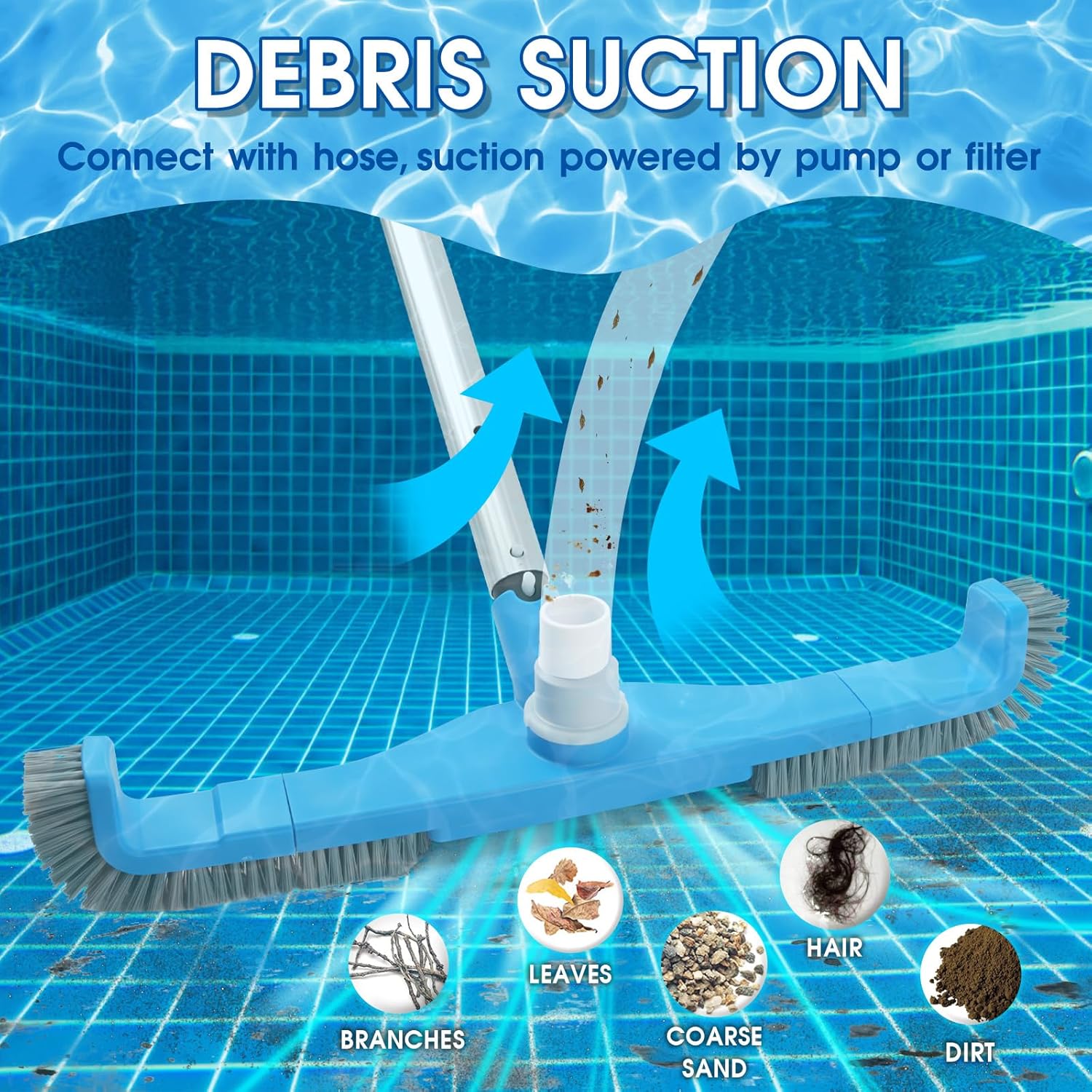 TidyMister 20" 2 in 1 Pool Brush Vacuum Head with Swivel Hose Connection & Sturdy Nylon Bristles for Heavy Duty Inground & Above- Ground Pool Cleaning - Connecting 1-1/4" or 1-1/2" Hose (No Pole)