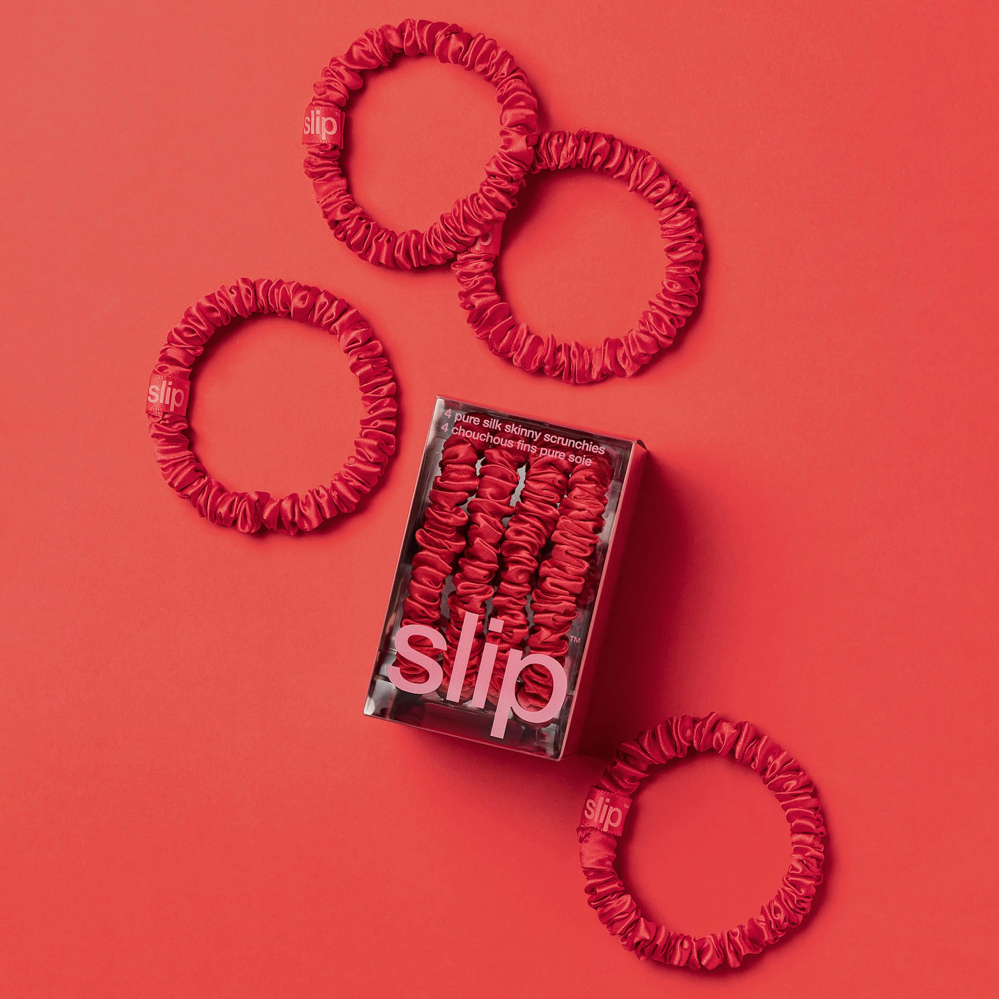 Slip Silk Hair Ties — Skinny Silk Auburn Scrunchies, No Damage, No Crease, Anti-Breakage |100% Mulberry Silk | All Hair Types | Made with Proprietary Slipsilk™ | Set of 4