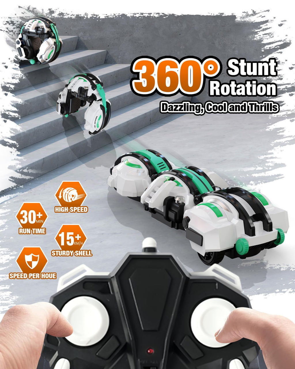 BAZADER RC Car with LED Lights - Remote Control Car Snakes 360° Roll Toy, Birthday for Kids Age 7 8 9 10 11+ Year Old, 2 Batteries 60+min, Indoor/Outdoor Toy for 6-12 yr Teen Boys