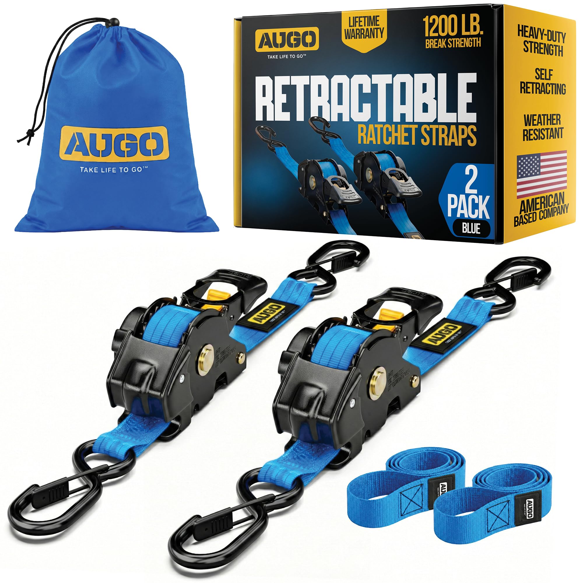 AUGO Retractable Ratchet Straps | 2 Heavy Duty Ratchet Straps Self Retractable Tie Downs with Soft Loops & Storage Bag for Motorcycle, Truck, Trailer, Cargo Van | 1200 Lb Break Strength 1” x 10’