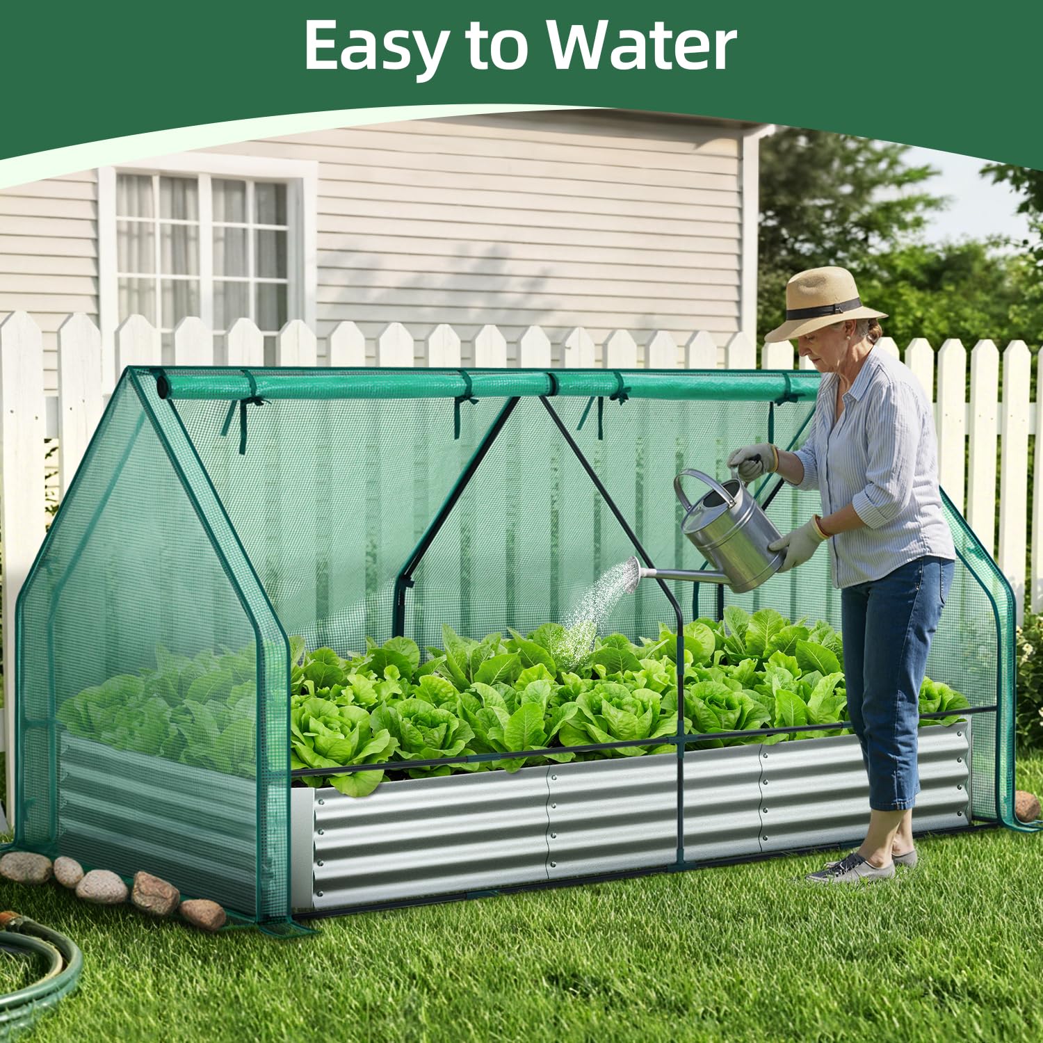 Ohuhu 8x4x1 FT Raised Garden Bed with Cover, 3-in-1 Galvanized Metal Planter Box with Greenhouse for Outdoor Plants, Dual-Side Access for Easy Plant Care, All-Season Frost & Pest Protection