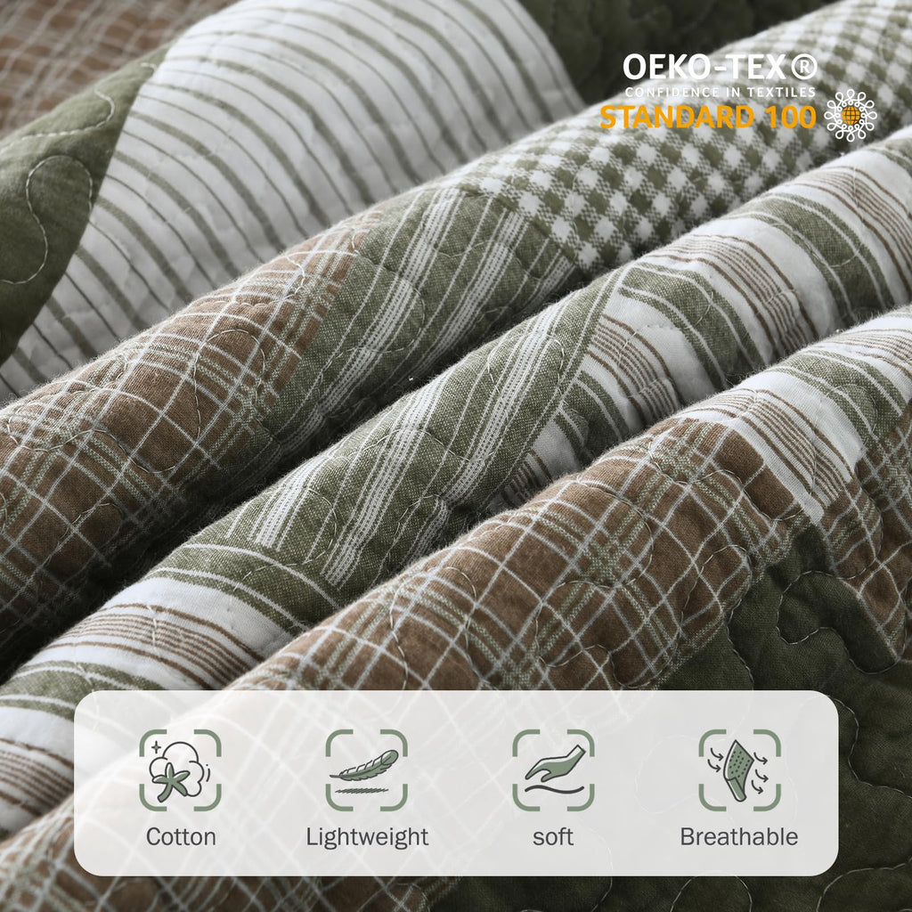 Y-PLWOMEN 100% Cotton Farmhouse Plaid Lightweight 3-Pieces Quilt Set (Blue Brown, Queen90 * 98 Inch)
