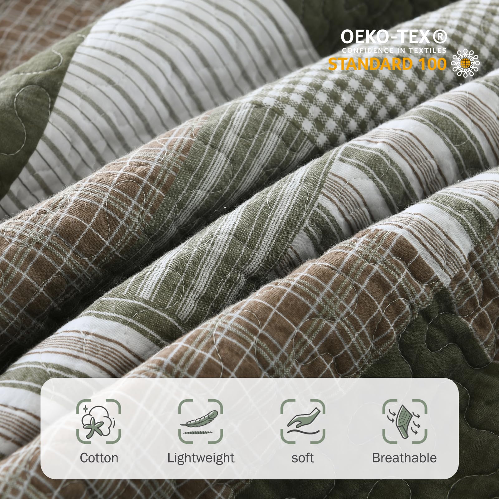 Y-PLWOMEN 100% Cotton Farmhouse Plaid Lightweight 3-Pieces Quilt Set (Blue Brown, Queen90 * 98 Inch)