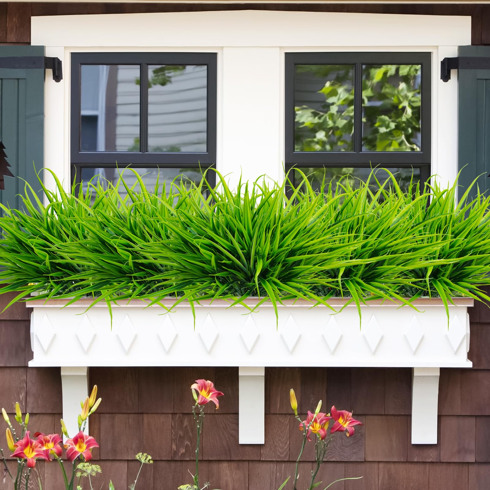 Uieke 28 Bundles Artificial Outdoor Plants UV Resistant Fake Grass Plants Faux Plastic Plants Greenery Shrubs for Home Garden Pathway Window Box Front Porch Cemetery Fall Decor, Autumn Red