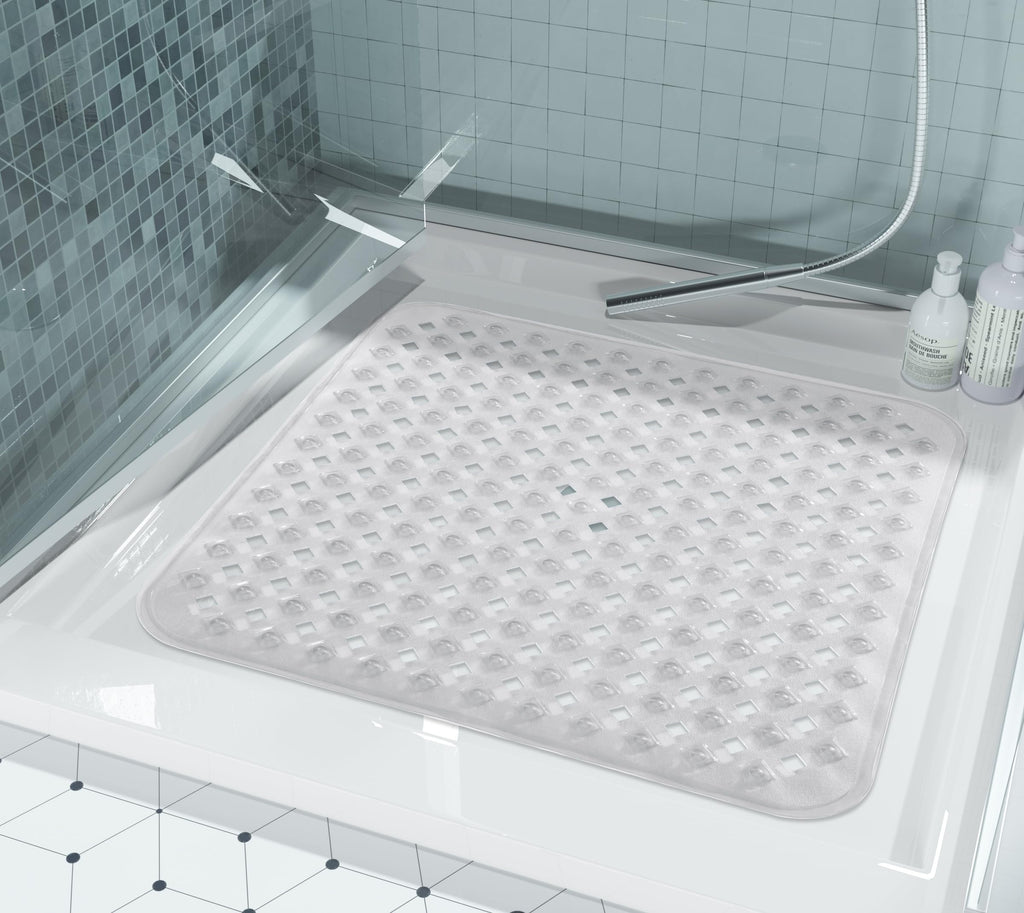 Yimobra Square Shower Mat Non Slip, Super Strong Suction Cups, 21"X21" Bath Tub Mat with Drain Holes, Machine Washable Fast Draining Bath Mats, Bathroom Essentials,Black