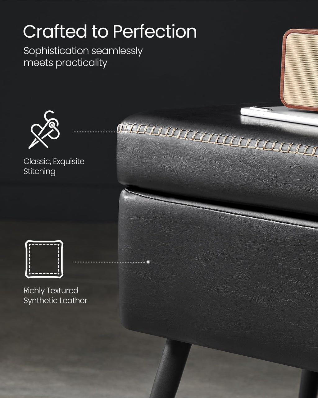 VASAGLE EKHO Collection - Storage Ottoman Bench, Entryway Bedroom Bench, 15 Gallons, Synthetic Leather with Stitching, Mid-Century Modern, Safety Hinges, Loads 660 lb, Caramel Brown ULOM074K01