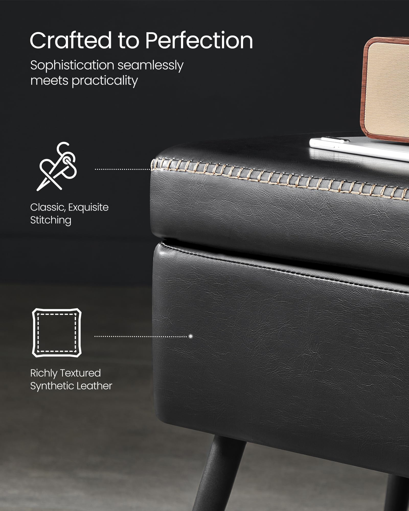 VASAGLE EKHO Collection - Storage Ottoman Bench, Entryway Bedroom Bench, 15 Gallons, Synthetic Leather with Stitching, Mid-Century Modern, Safety Hinges, Loads 660 lb, Caramel Brown ULOM074K01