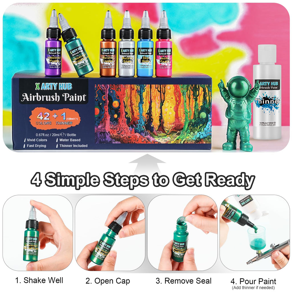 Airbrush Paint - 42 Colors Air Brush Painting Set with 4.05 fl oz Thinner, Iridescent, Neon & Metallic Acrylic Paints, Ready-to-Spray, Water-Based for Paper, Canvas, Wood, Fabric, Models