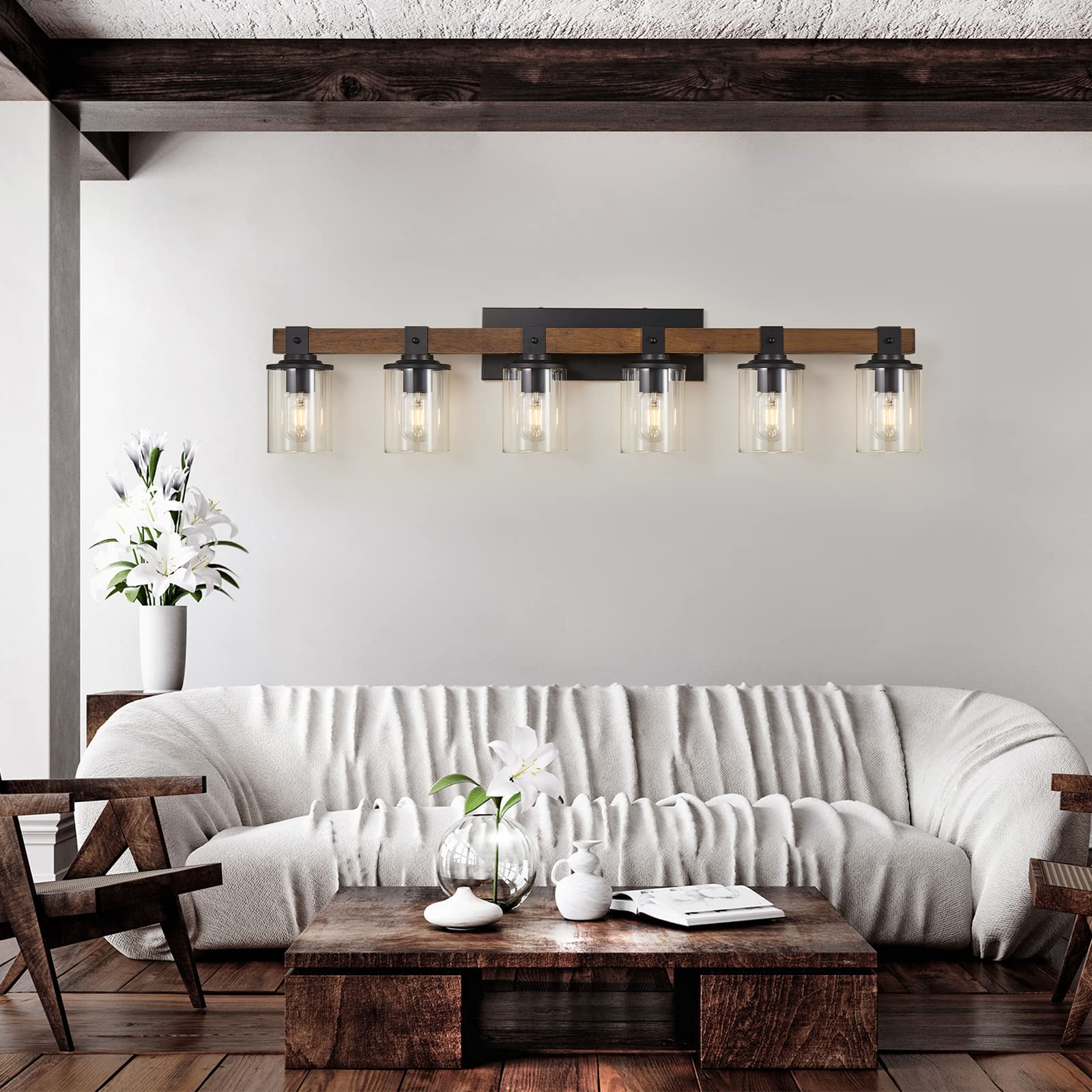 DUJAHMLAND Farmhouse Vanity Light Fixture,3-Light Bathroom Wood Wall Light Over Mirror with Clear Glass Shade, Rustic Vintage Wall Sconce Lighting.(Antique Wood, 3-Light)