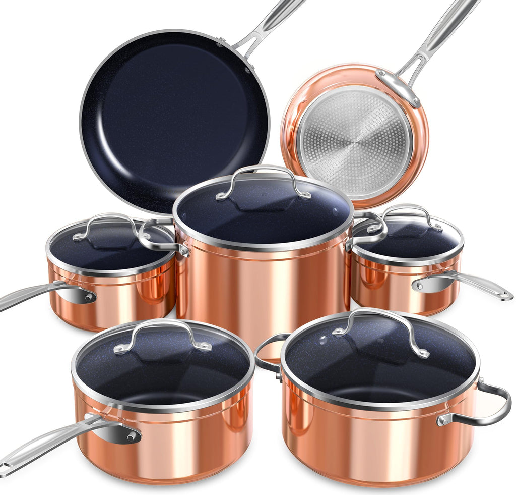Nuwave Healthy Duralon Blue Ceramic Nonstick Cookware Set, Diamond Infused Scratch-Resistant, PFAS Free, Dishwasher & Oven Safe, Induction Ready & Evenly Heats, Tempered Glass Lids & Stay-Cool Handles