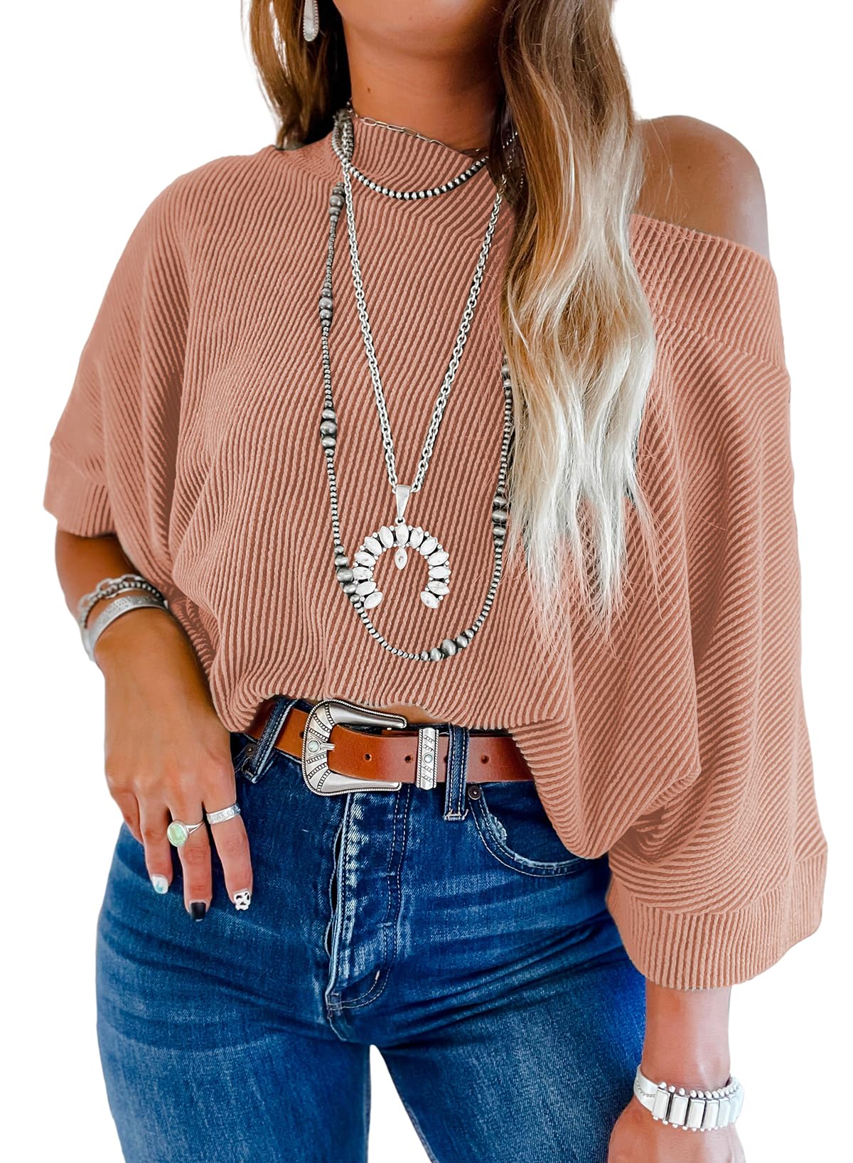 EVALESS Sexy Off The Shoulder Tops for Women 3/4 Length Sleeve Womens Tops Spring Summer 2026 Boat Neck One Shoulder Shirts