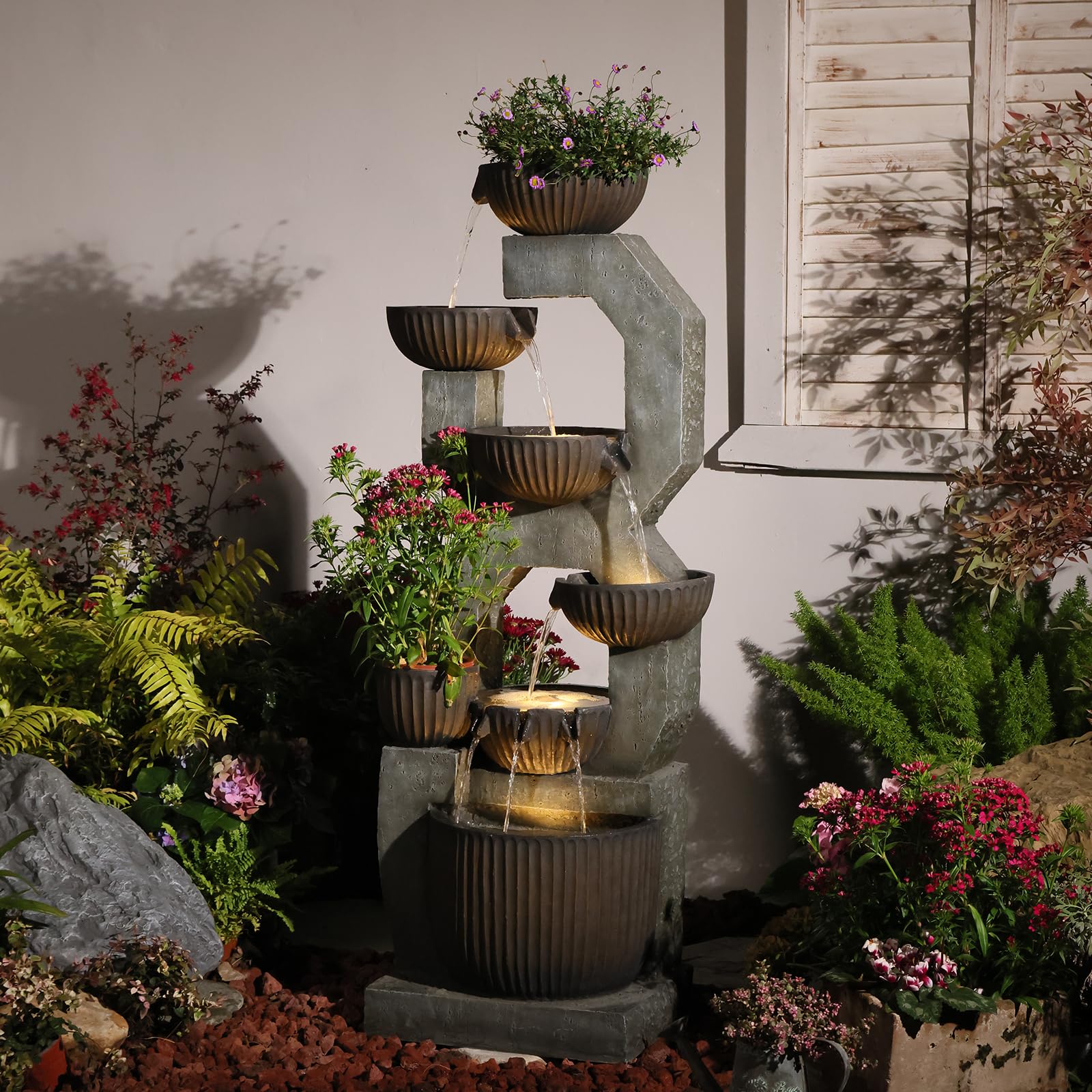 Bumilgar 2-Tier Bowl Water Fountain with LED Lights, 27.95" Tall Freestanding Outdoor & Indoor Garden Waterfall Fountain for Yard, Patio, Backyard, Floor Standing Home Decor