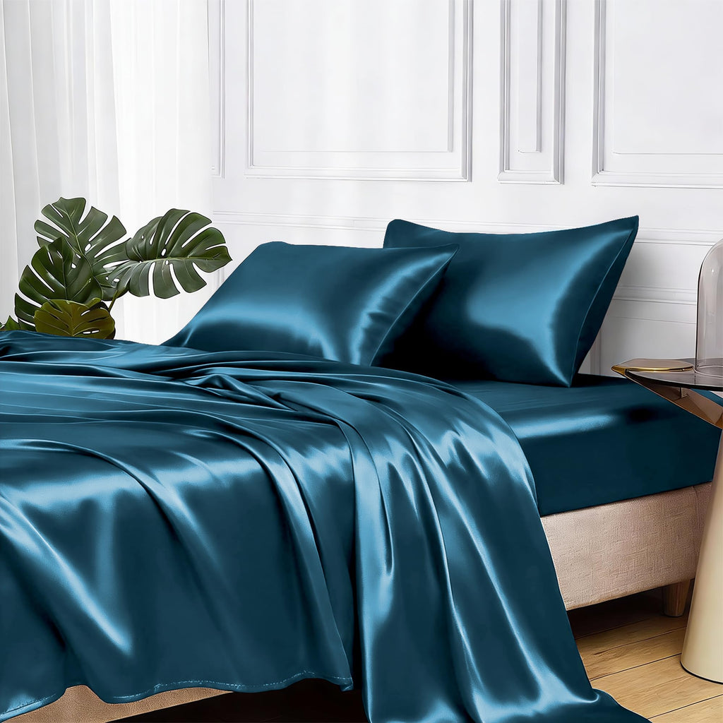 MR&HM Satin Sheets with Elastic Corner Straps, Twin Size 3-Piece Silky Bedding Set, Deep Pocket 15 Inches, Good for Hair & Skin (Twin, Black)