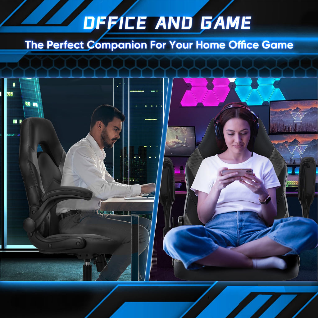 OLIXIS Computer Gaming Desk Chair - Ergonomic Video Game with Comfy Lumbar Support and headrest, PU Leather with Flip-up Arms, Adjustable Height and Swivel Wheels, for Adults, Black