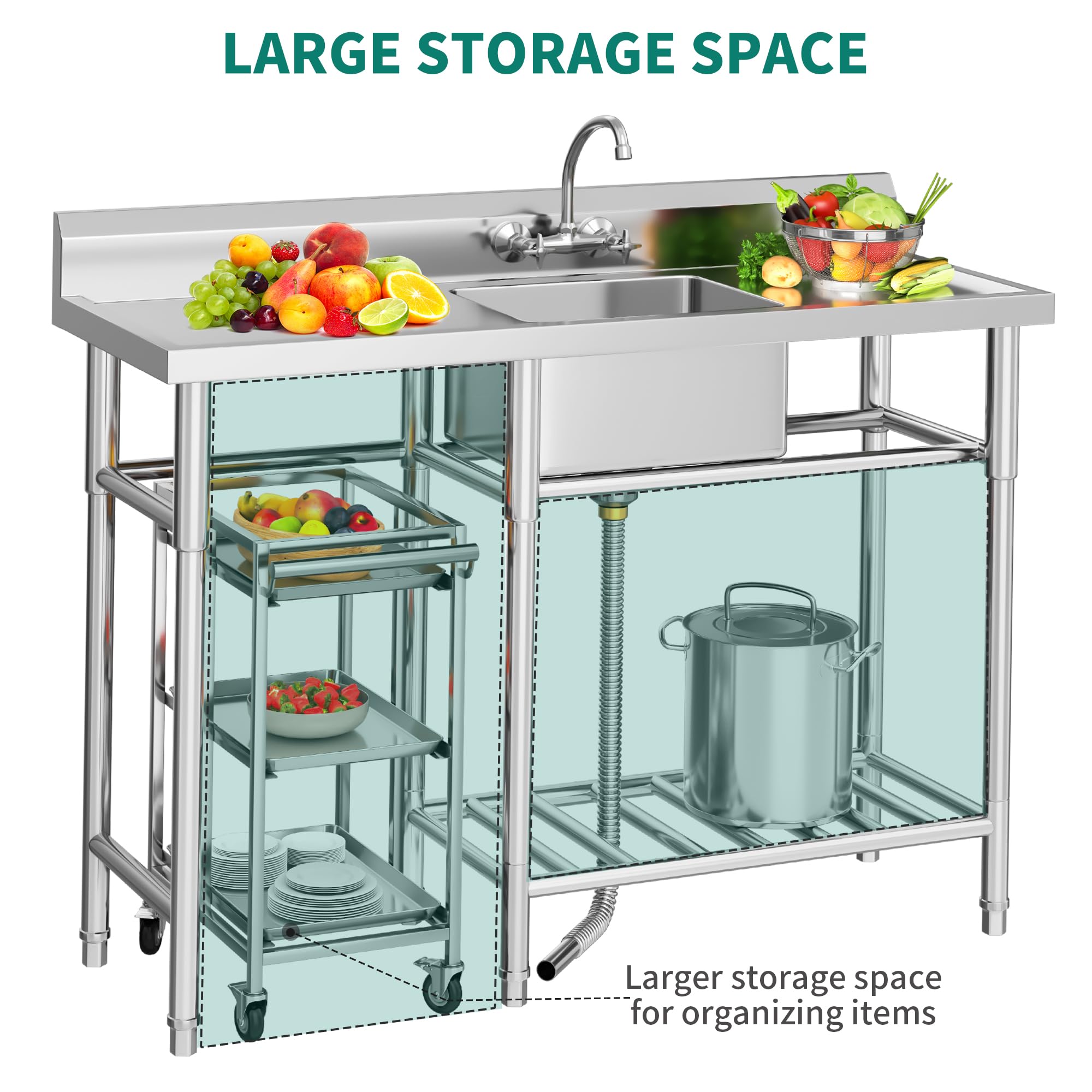 YITAHOME Freestanding Commercial 3 Bay Kitchen Under bar Sink NSF Stainless Steel 3 Compartment Bowl Outdoor Sink with Storage Shelve, Backsplash for Restaurant, Food Truck & Home (39"x 18"x 37")