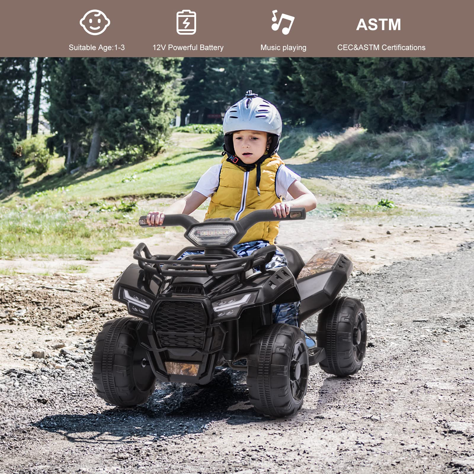 Kids Ride on ATV, 6V Battery Powered Kids Electric Vehicle, 4 Wheeler Quad w/Headlights, MP3, USB, Volume Control, Large Seat, Electric Ride on Toys Best Gifts for 18-36 Months Boys Girls (Black)