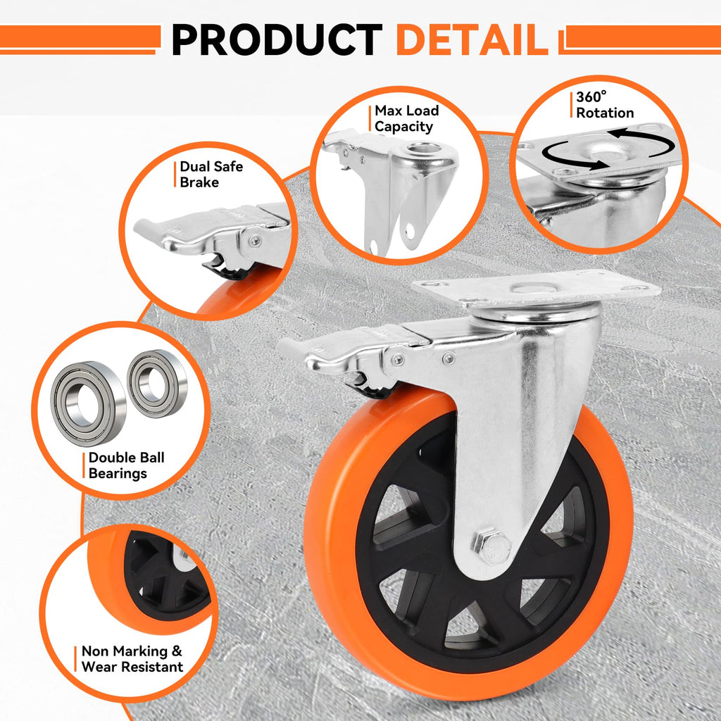 W B D WEIBIDA 2" Plate Caster Wheels Heavy Duty 600 Lbs Load Capacity Swivel Casters with Brake Set of 4, Safety Dual Locking, No Noise Wheels for Furniture, Carts (Screws and Screwdriver)