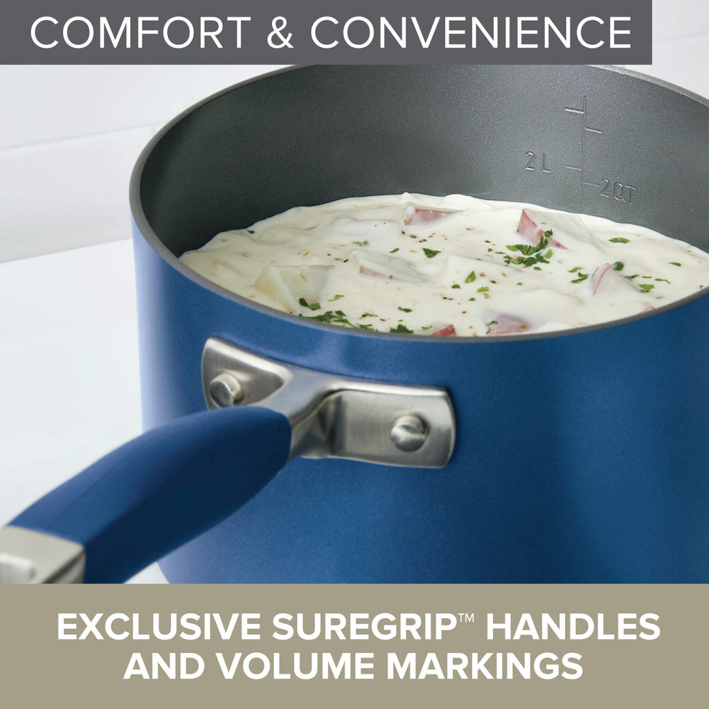 Anolon Advanced Home Hard Anodized Nonstick Sauce Pan/Saucepan with Straining and Lid, 2 Quart (2 Qt Straining Saucepan, Indigo)