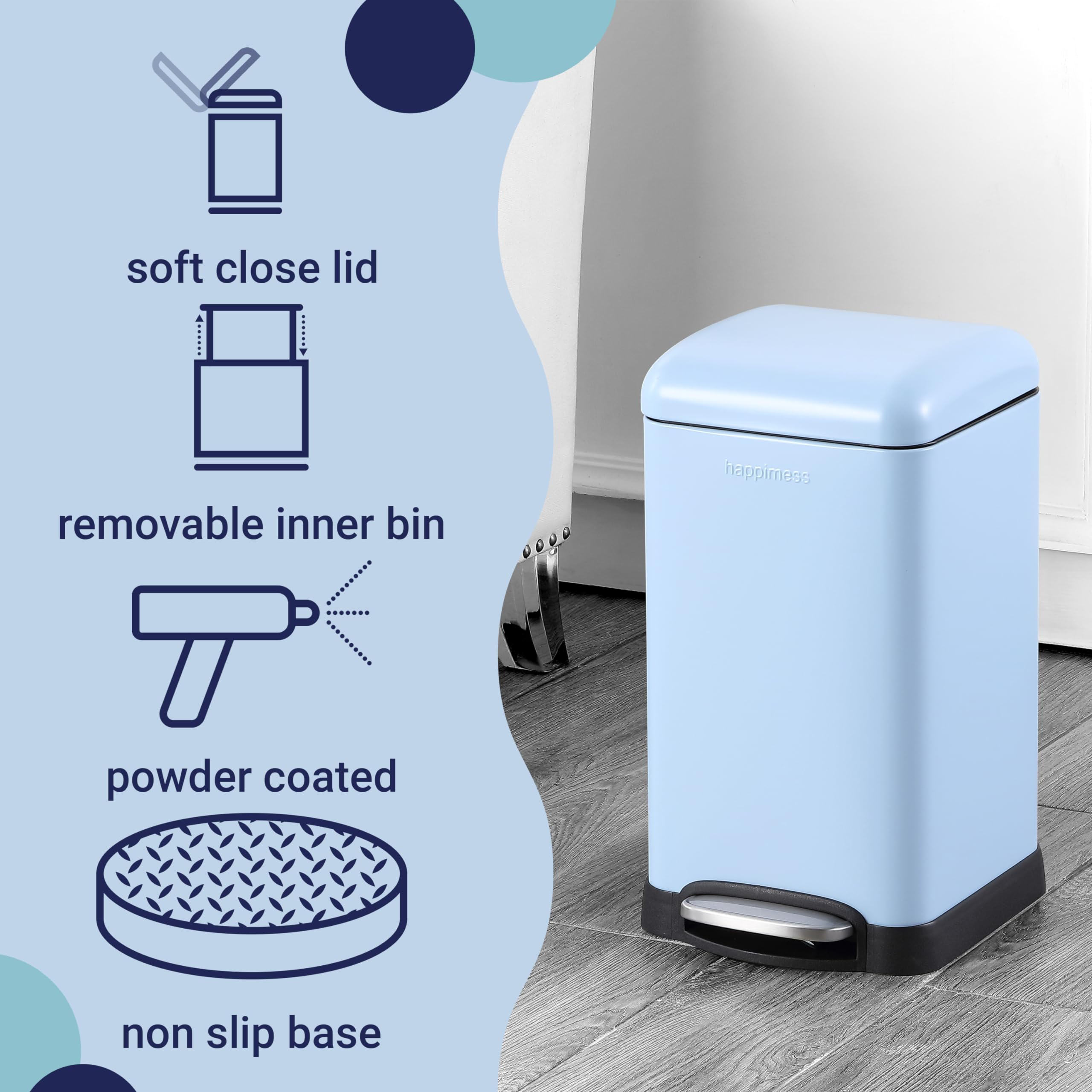 happimess HPM1012B Betty Retro Mini 3.2-Gallon Step-Open Trash Can with Soft-Close Lid, Modern, Minimalistic, Fingerprint Proof for Home, Kitchen, Laundry Room, Office, Bedroom, Bathroom, Black