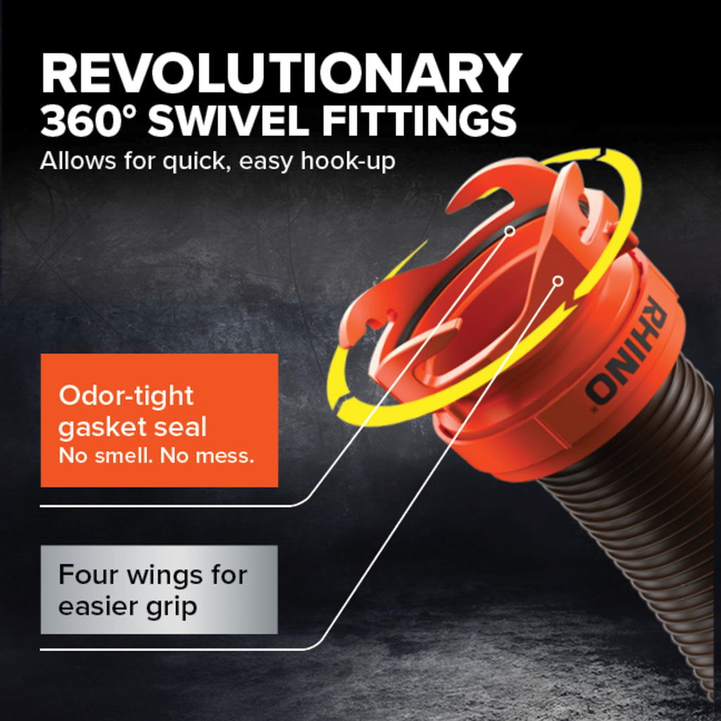 Camco RhinoFLEX 15' RV Sewer Hose Kit — Includes 4-in-1 Adapter, Clear Elbow, & Caps — Connects to 3″ Slip & 3″, 3 1/2″, 4″ NPT Threaded Sewer Connections (39770)