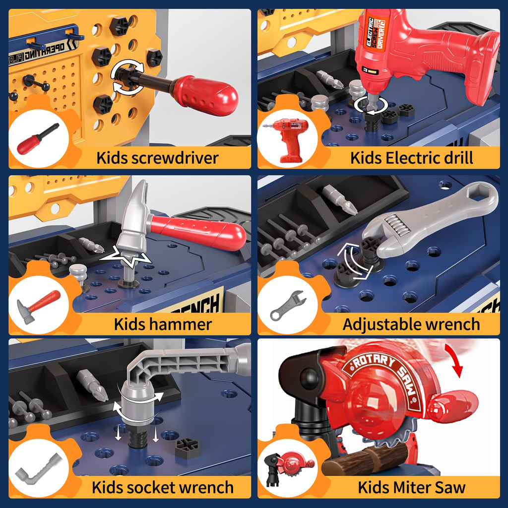 Deejoy Kids Bench with Realistic Tools & Electric Drill, 79 Pcs Realistic Toy Tools with Clothes, Toddler Learning Gift for Boys & Girls Age 3-5 (Blue) 32x26.6x14.4 in
