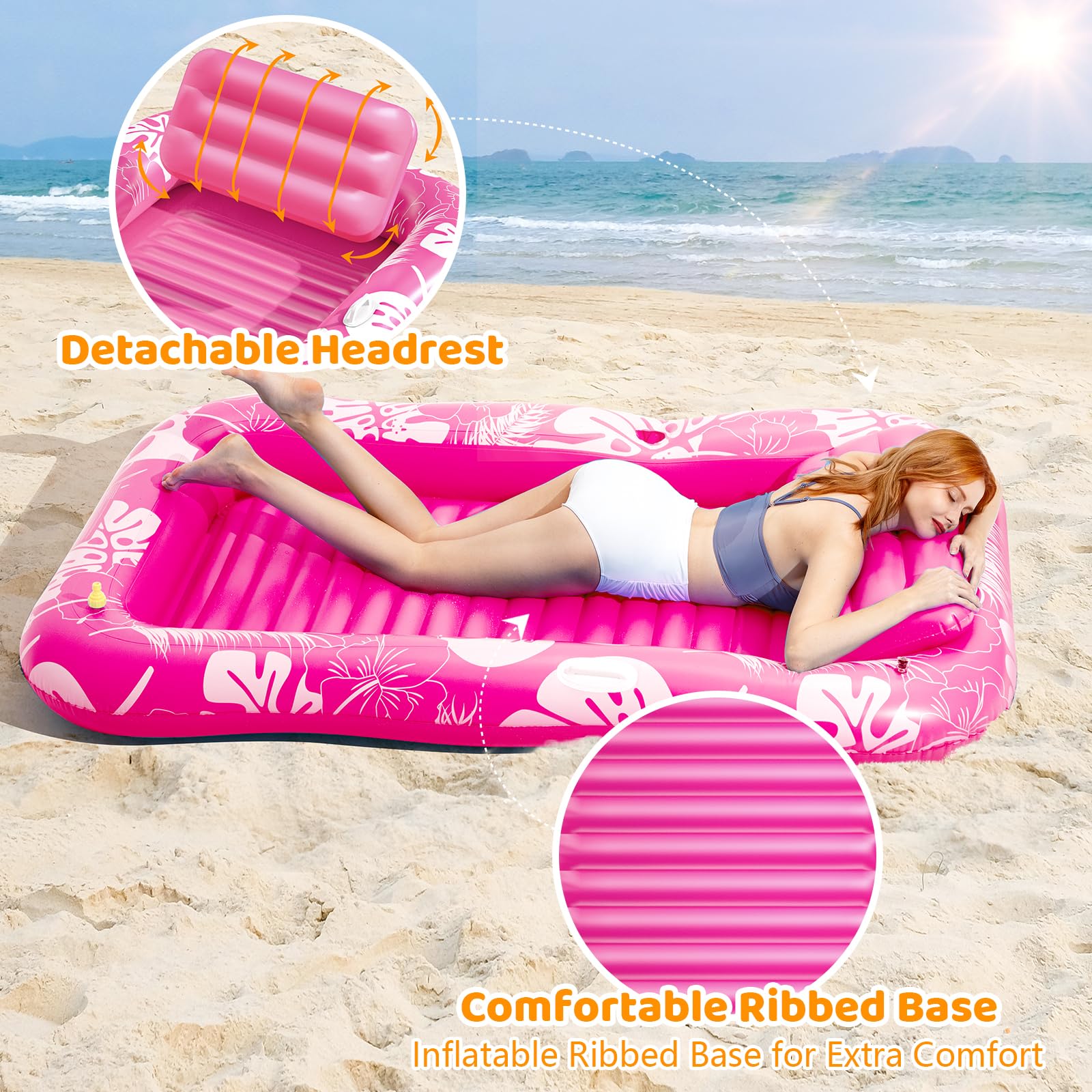Inflatable Tanning Pool Lounger Float with Sprinkler, 77" x 48" Pool Floats Adult with Pillow, 6 in 1 Suntan Tub Raft Floatie with Drink Holder Sunbathing Water Lounge