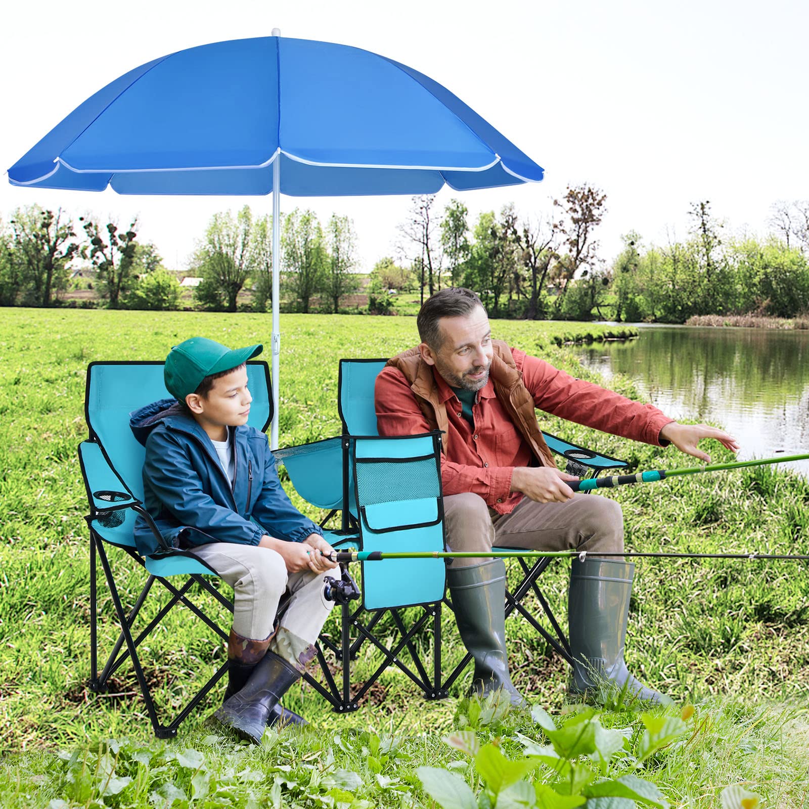 COSTWAY Double Portable Picnic Chairs, Folding Camping Chairs w/Detachable Umbrella, Cooler Bag, Cup Holders, Patio Beach Camping Chairs for Outdoors
