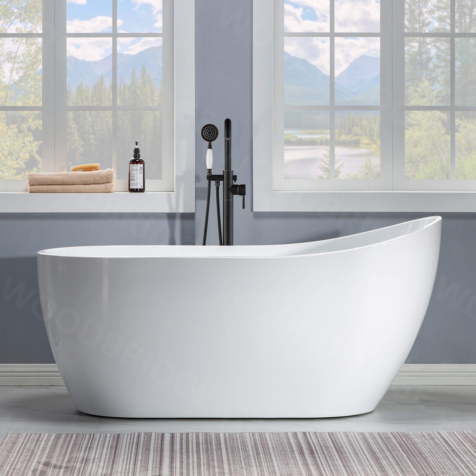 WOODBRIDGE 59" Acrylic Freestanding Bathtub Contemporary Soaking White Tub with Brushed Gold Overflow and Drain， B1530 -BG-Drain &O