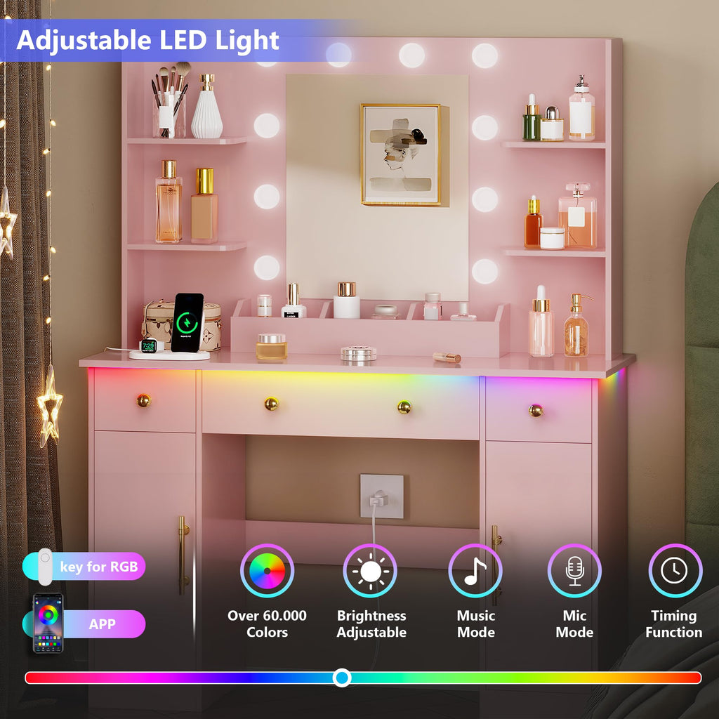 HUANLEGO Vanity Desk with Mirror and Lights, Makeup Vanity with Mirror and LED Lights & Power Outlet, 3 Drawers and Cabinets, 3 Lighting Modes Dressing Table Set for Girls Women Bedroom,Oak