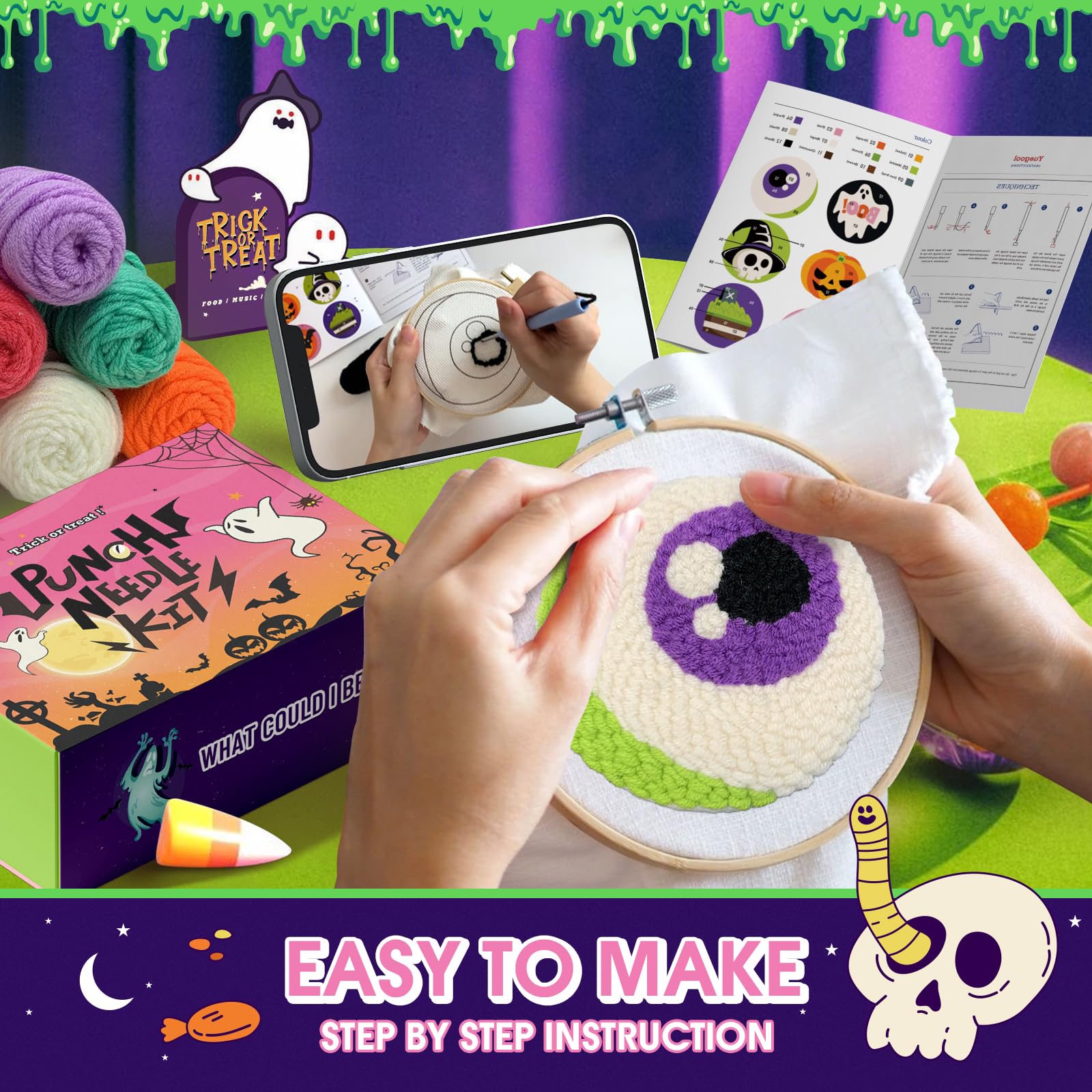 yuegool 6PCS Enchanted Oddities Punch Needle Coasters Kit – Easy DIY Embroidery Kit for Beginners, Adults & Kids | Includes Patterns, Tools, Yarns, Hoop, Instructions, Coaster Holder