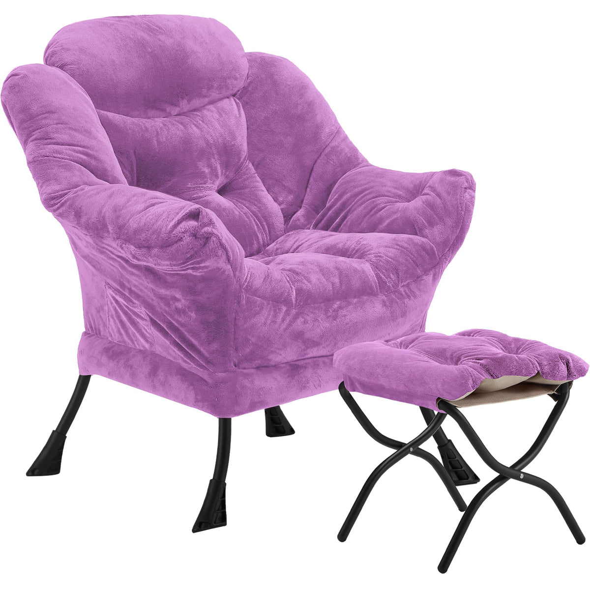 Youtanic Lazy Chair with Folding Ottoman, Accent Chair Velvet Upholstered with Metal Structure and Non-Slip Pads, Sofa Armchair with Footrest and Side Storage Bag for Dorm, Room, Office, Beige