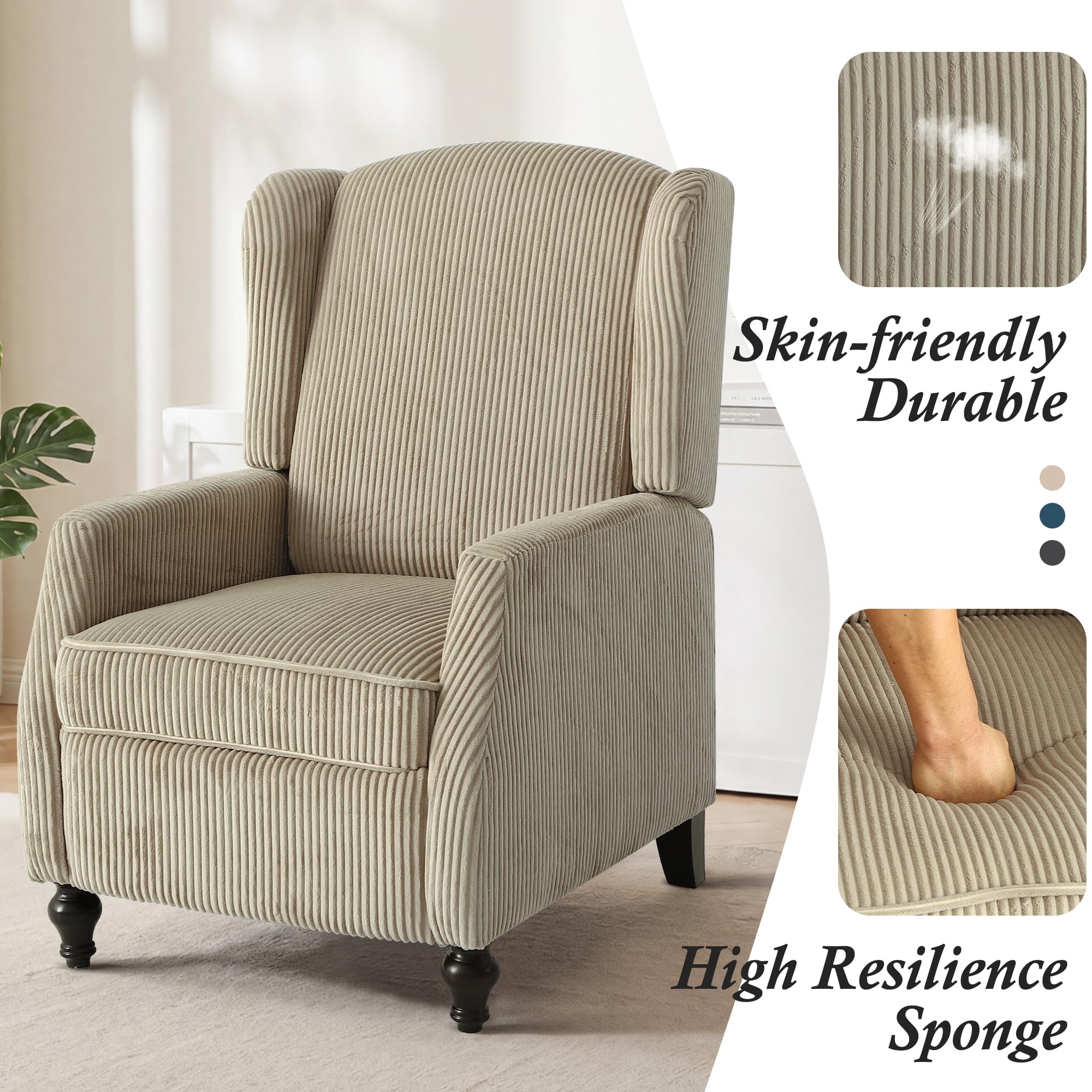Wingback Chair with Massage and Heat, Tufted Fabric Pushback Recliner Chair, Wingback Recliner Chair with Remote Control, Padded Cushion, Wooden Legs, Small Recliners for Small Spaces