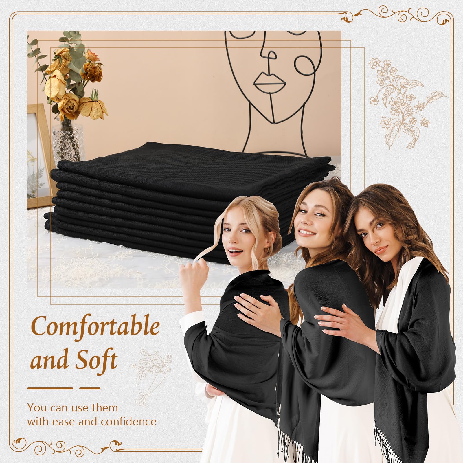 Ramede 50/100 Bulk Wedding Shawl Scarf for Women 79 x 28 Guests Shawl Wraps Gifts for Women Bridal Shawls with Thank Cards