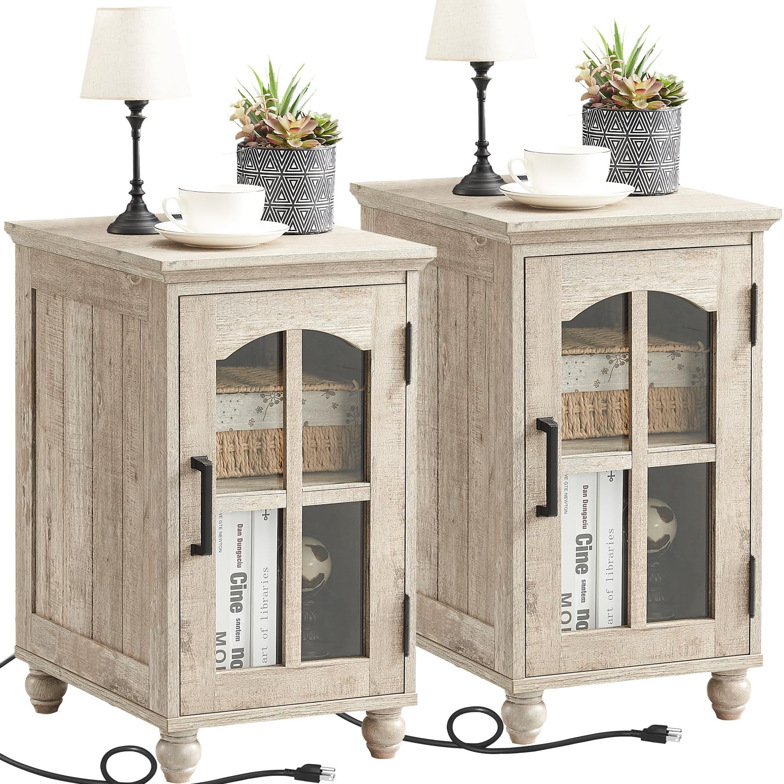 Narrow Side Table,Farmhouse Nightstand with Charging Station,Wood End Table with Glass Barn Door Storage, Cabinet Organizer with Adjustable Shelf, Night Stand for Small Spaces for Living Room Bedroom